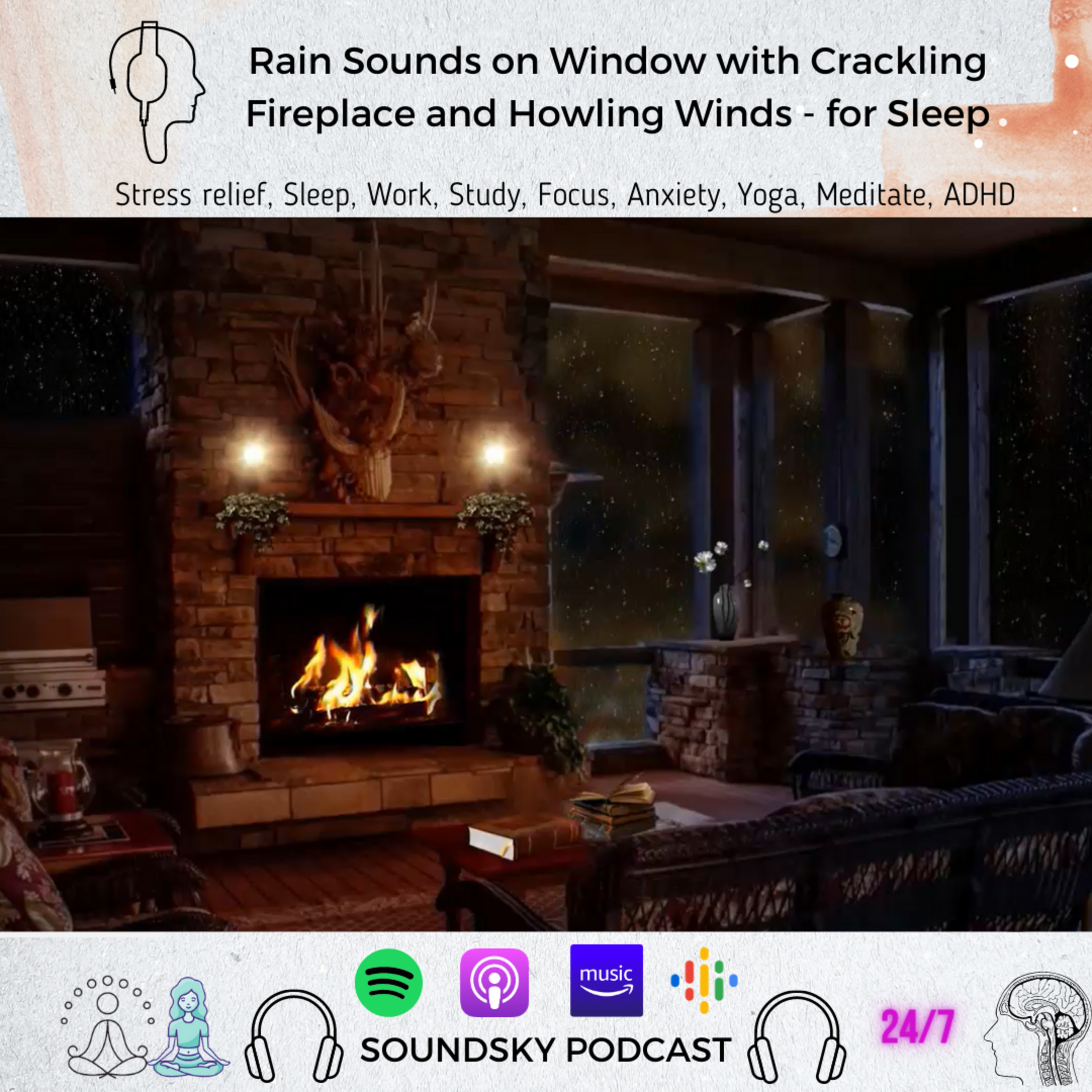 264. Rain Sounds on Window with Crackling Fireplace and Howling Winds - for Sleep episode artwork