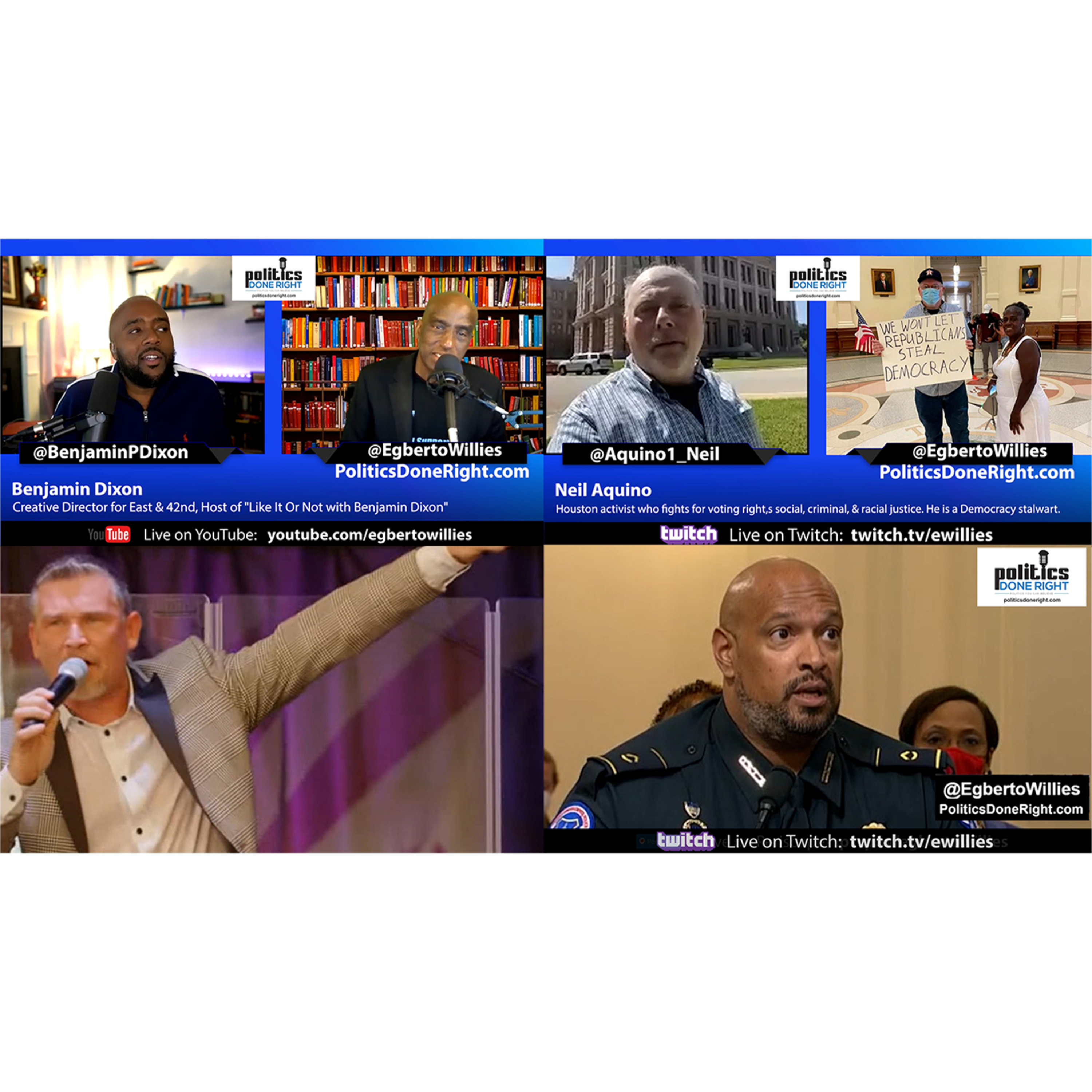 Benjamin Dixon visits, Neil Aquino fighting GOP, RightWing Pastor on COVID, Officer: Trump’s Hitman