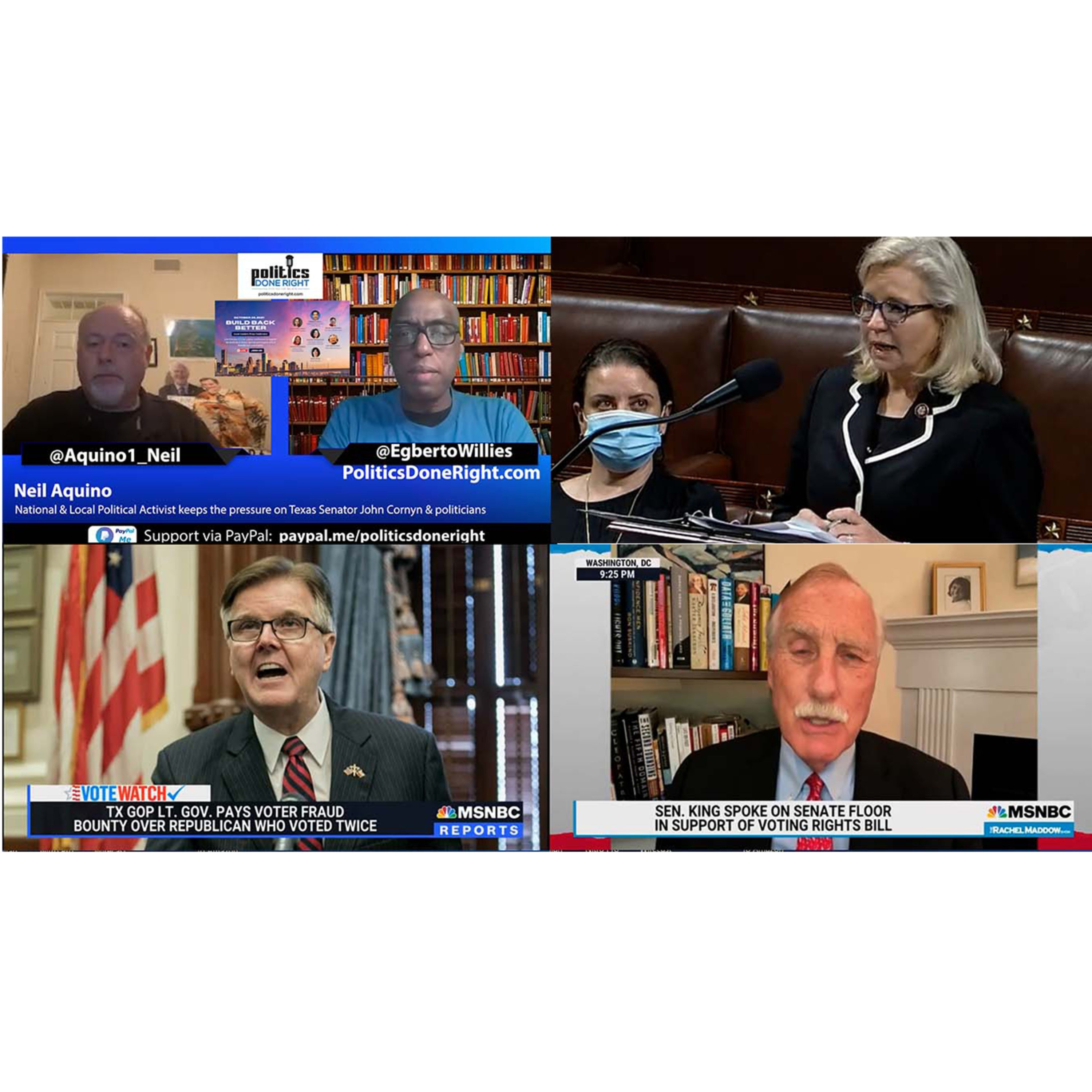 TX Lt. Gov. Dan Patrick eats crow. Senator sours on filibuster. Build Back Better event. Cheney!