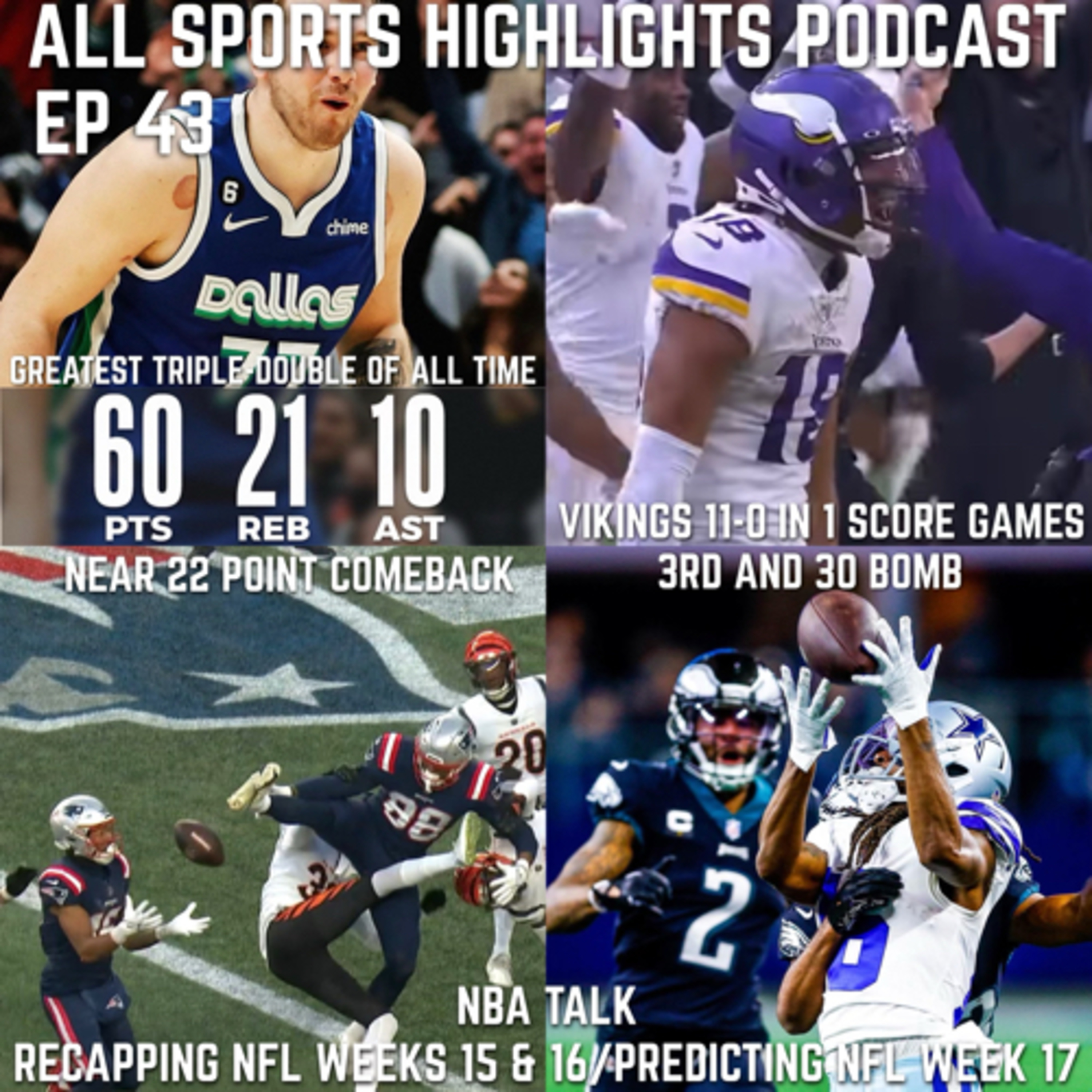 All sports Highlights podcast
Episode 43/NBA TALK
RECAPPING NFL WEEK 15&16/PREDICTING NFL WEEK 17 episode artwork
