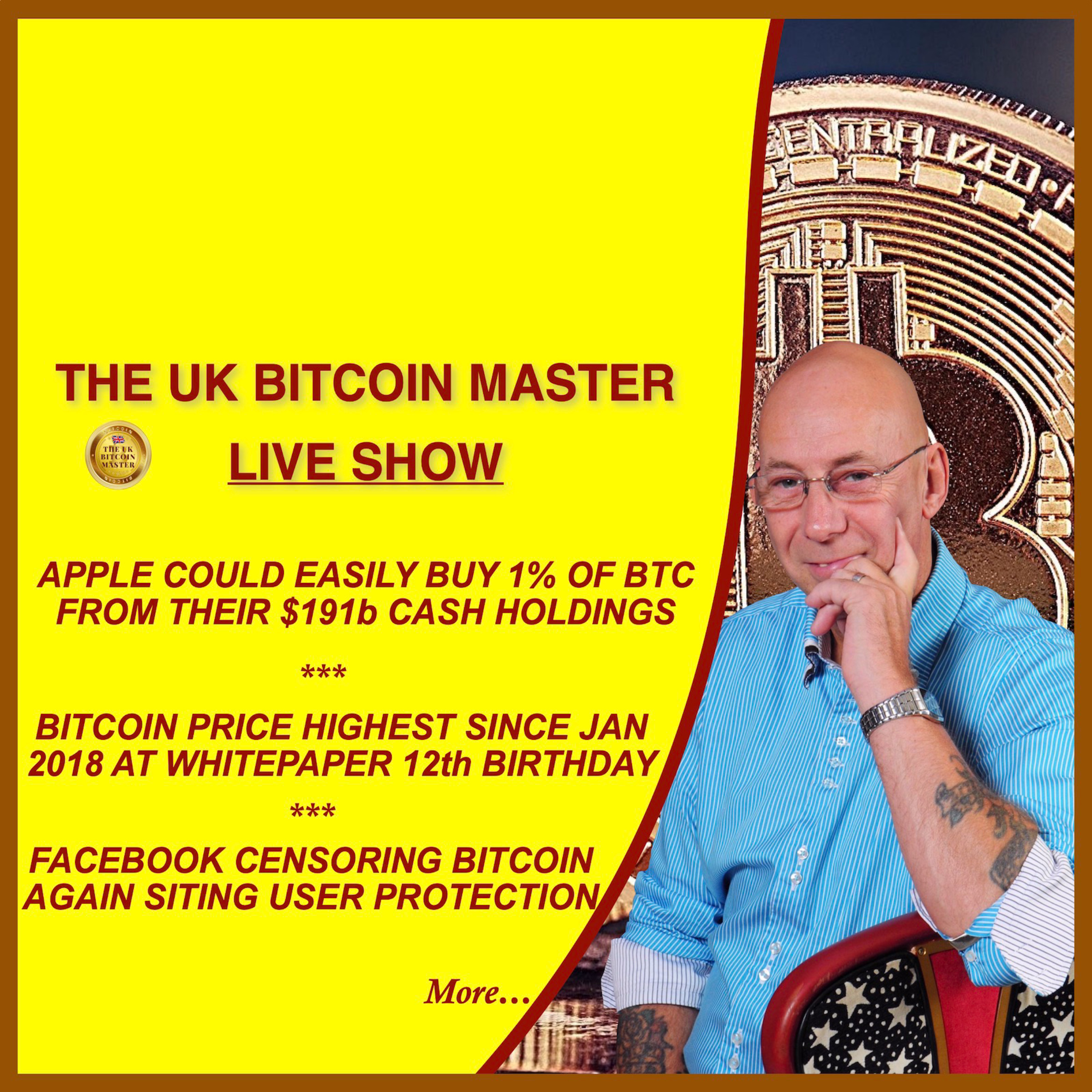 APPLE COULD BUY145K (1%) BTC FROM $191b POT - BTC PRICE HIGHEST SINCE JAN 18 - FACEBOOK CENSORS BTC