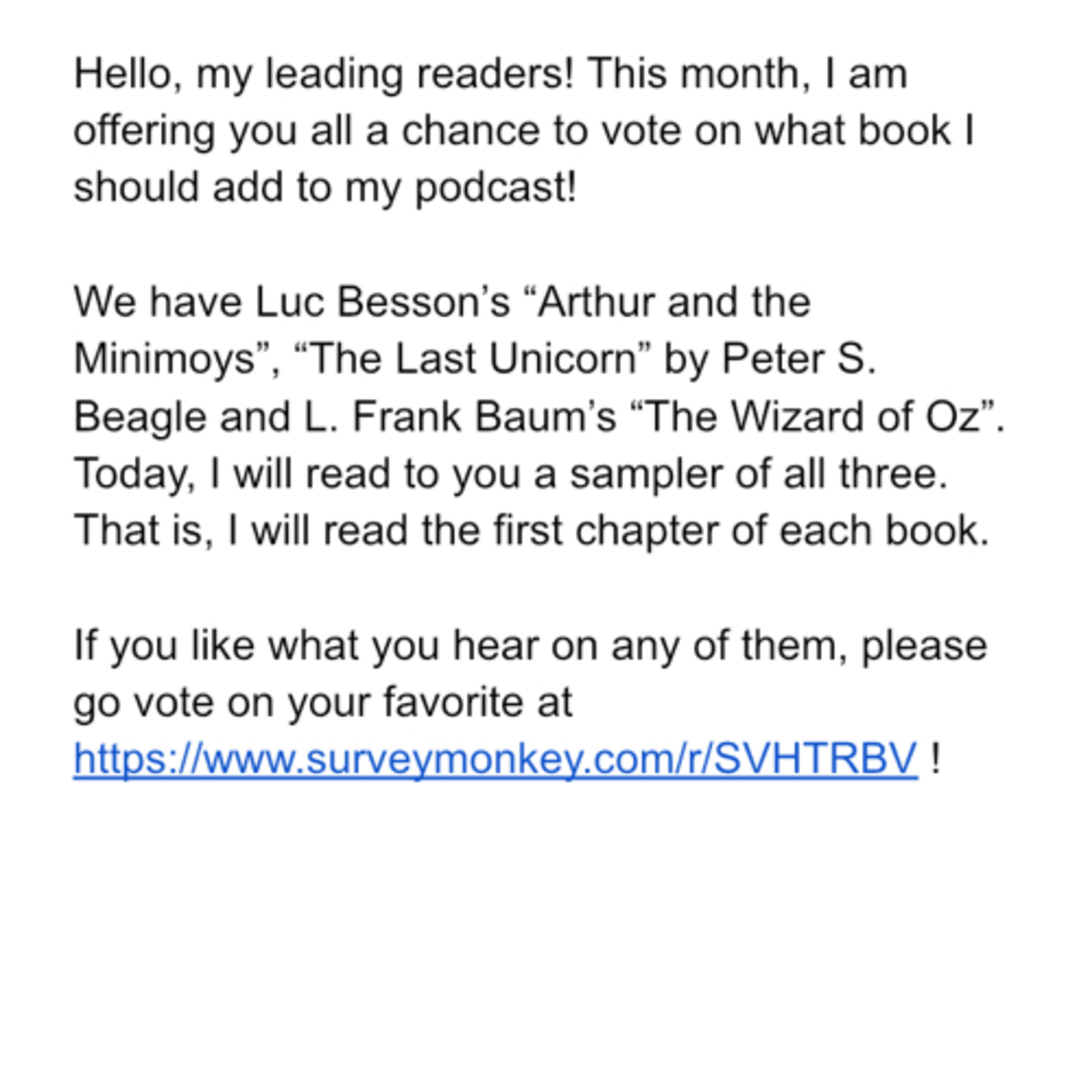 Listen and Vote: “Arthur and the Minimoys”/“The Last Unicorn”/“The Wizard of Oz” episode artwork