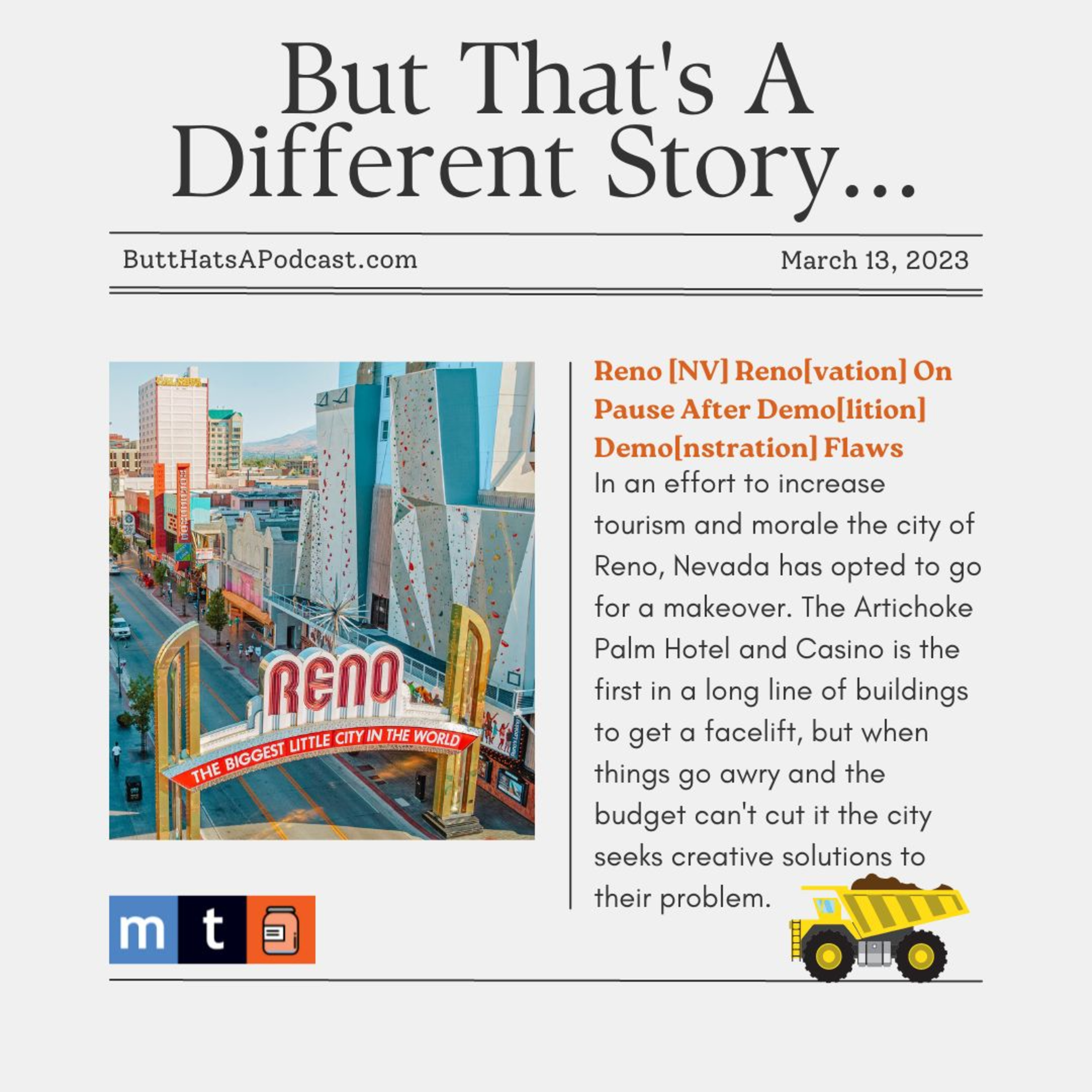 Headlines! Reno [NV] Reno[vation] On Pause After Demo[lition] Demo[nstration] Flaws episode artwork