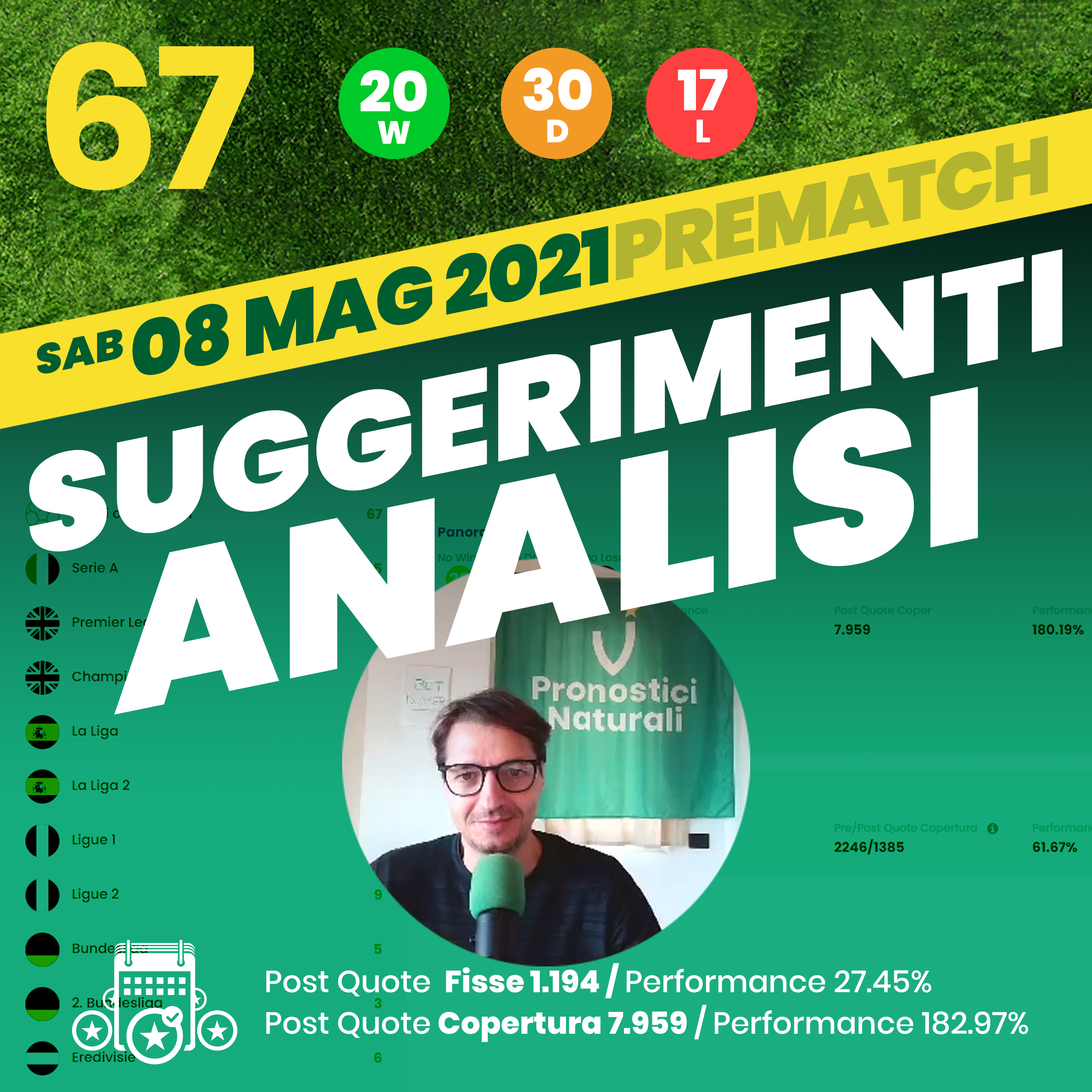 67 PRONOSTICI NATURALI Scommesse calcio Oggi Sabato 8 Maggio 2021 Analisi e Suggerimenti Pre Partite episode artwork