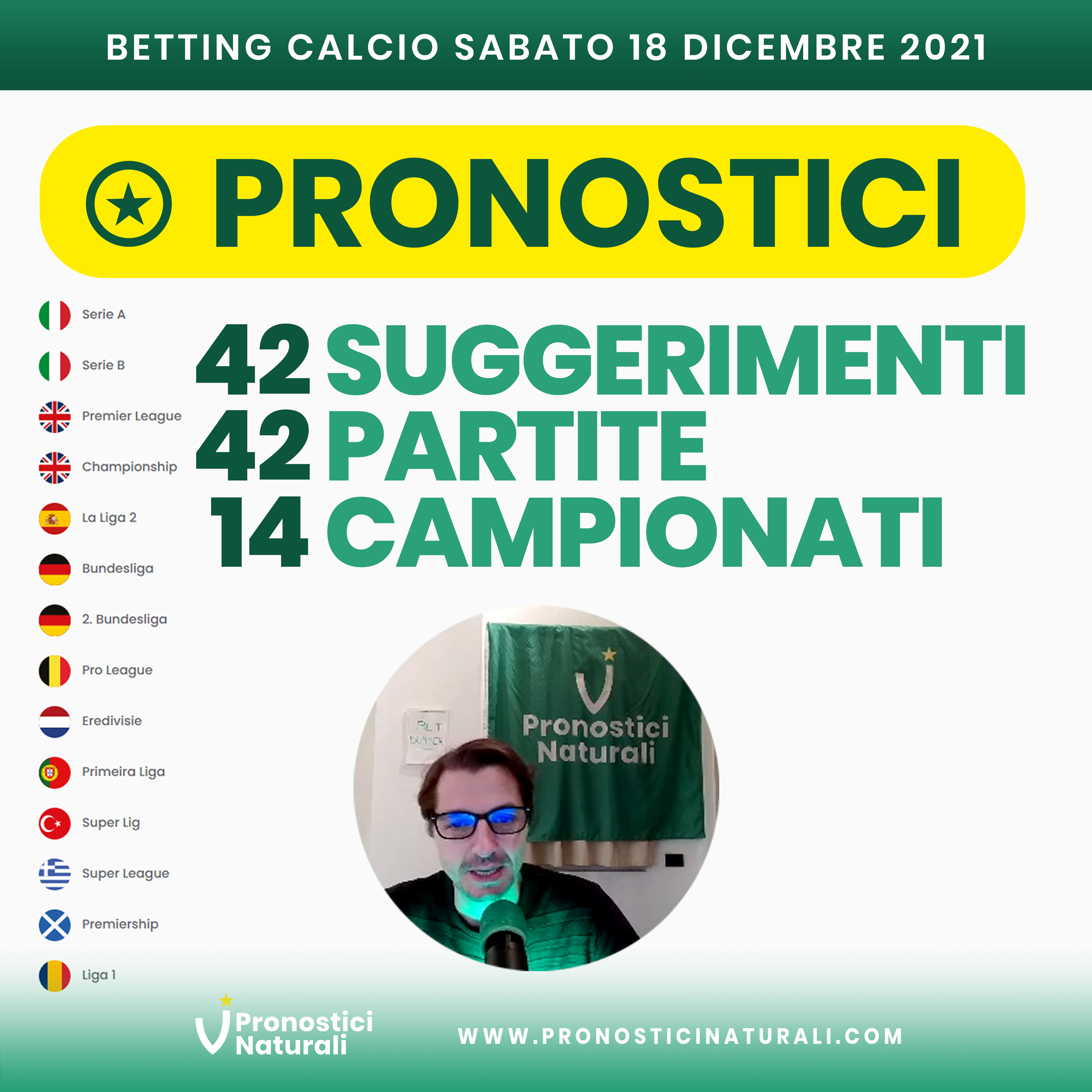 42 Suggerimenti Betting Calcio + Analisi su 42 Partite dei Pronostici Naturali di Sabato 18 Dicembre 2021