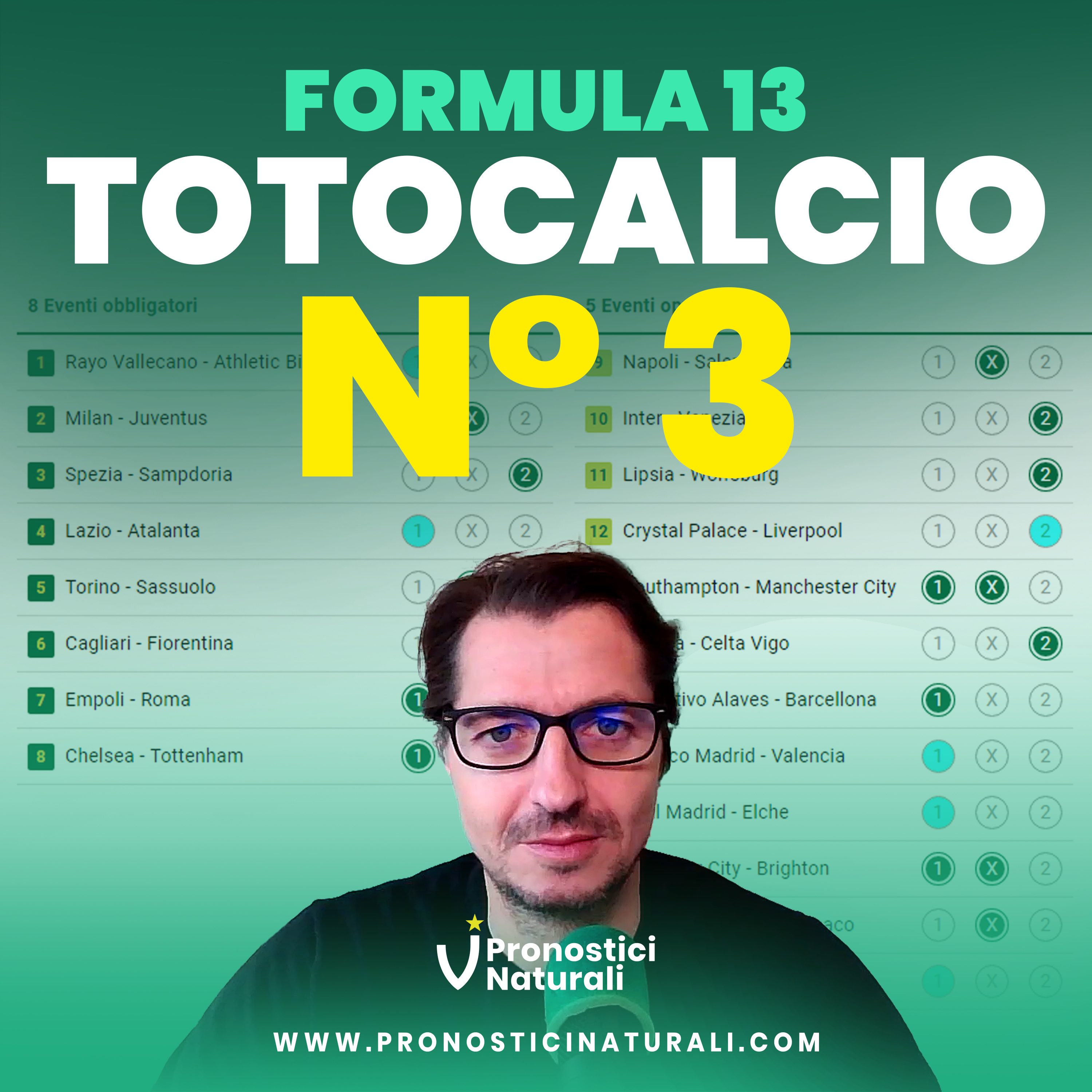 Schedina Totocalcio Concorso 3 La formula 13 con gli spunti dei Pronostici Naturali in tabellone