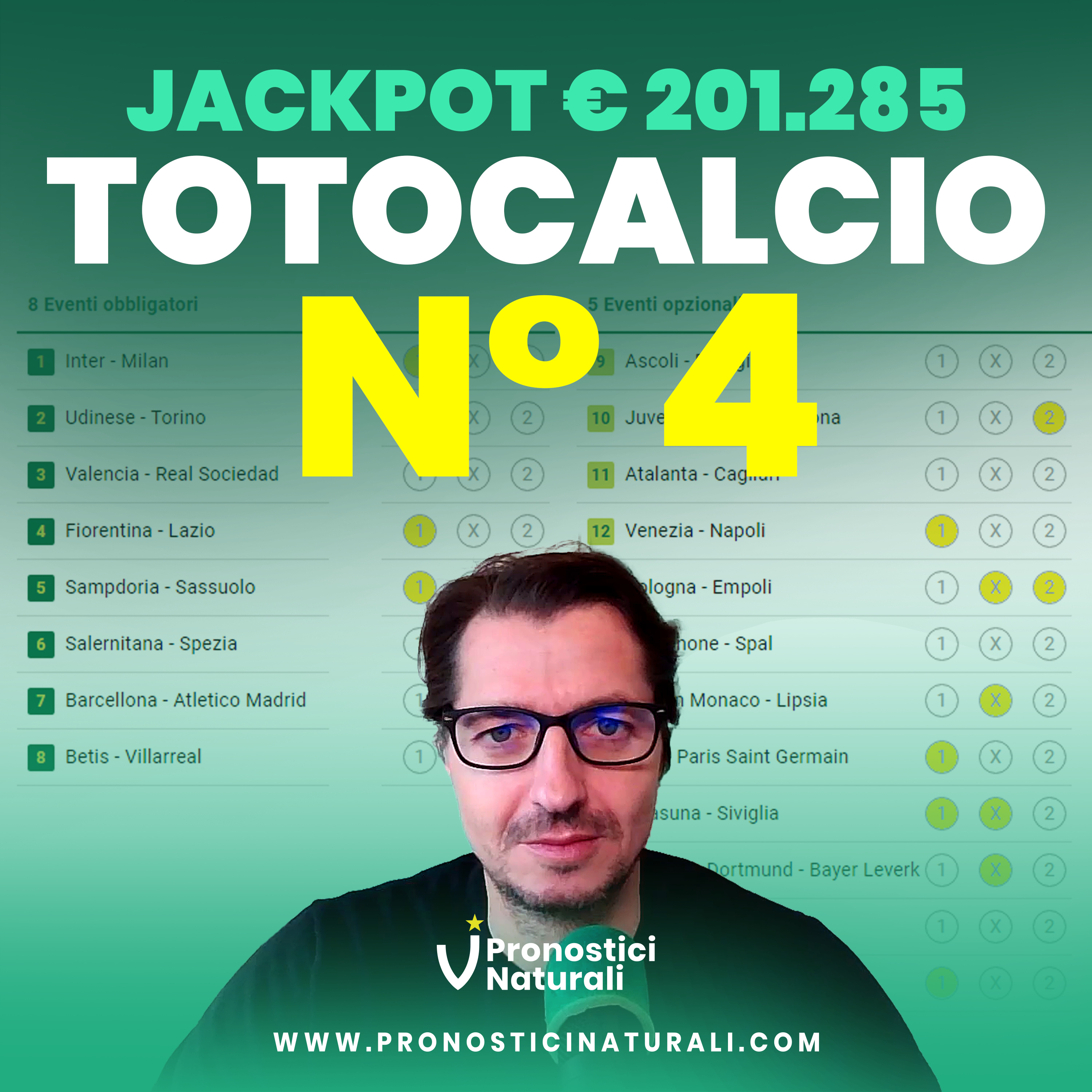 Schedina Totocalcio 4 - Formula 13 Jackpot € 201.285 con gli spunti anche dei Pronostici Naturali