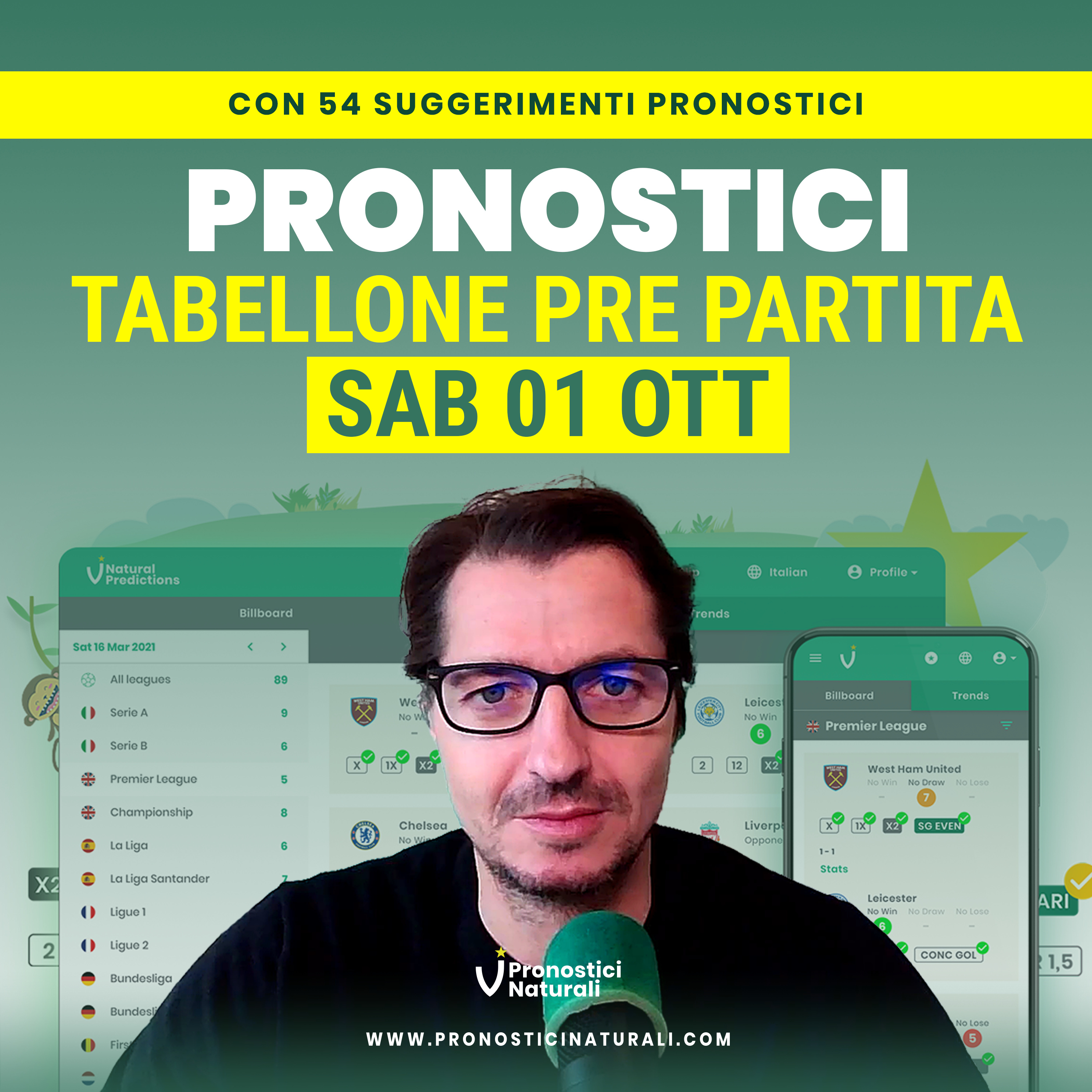 Tabellone 81 Pronostici Naturali e 54 Suggerimenti scommesse su 41 partite Sabato 1 Ottobre episode artwork