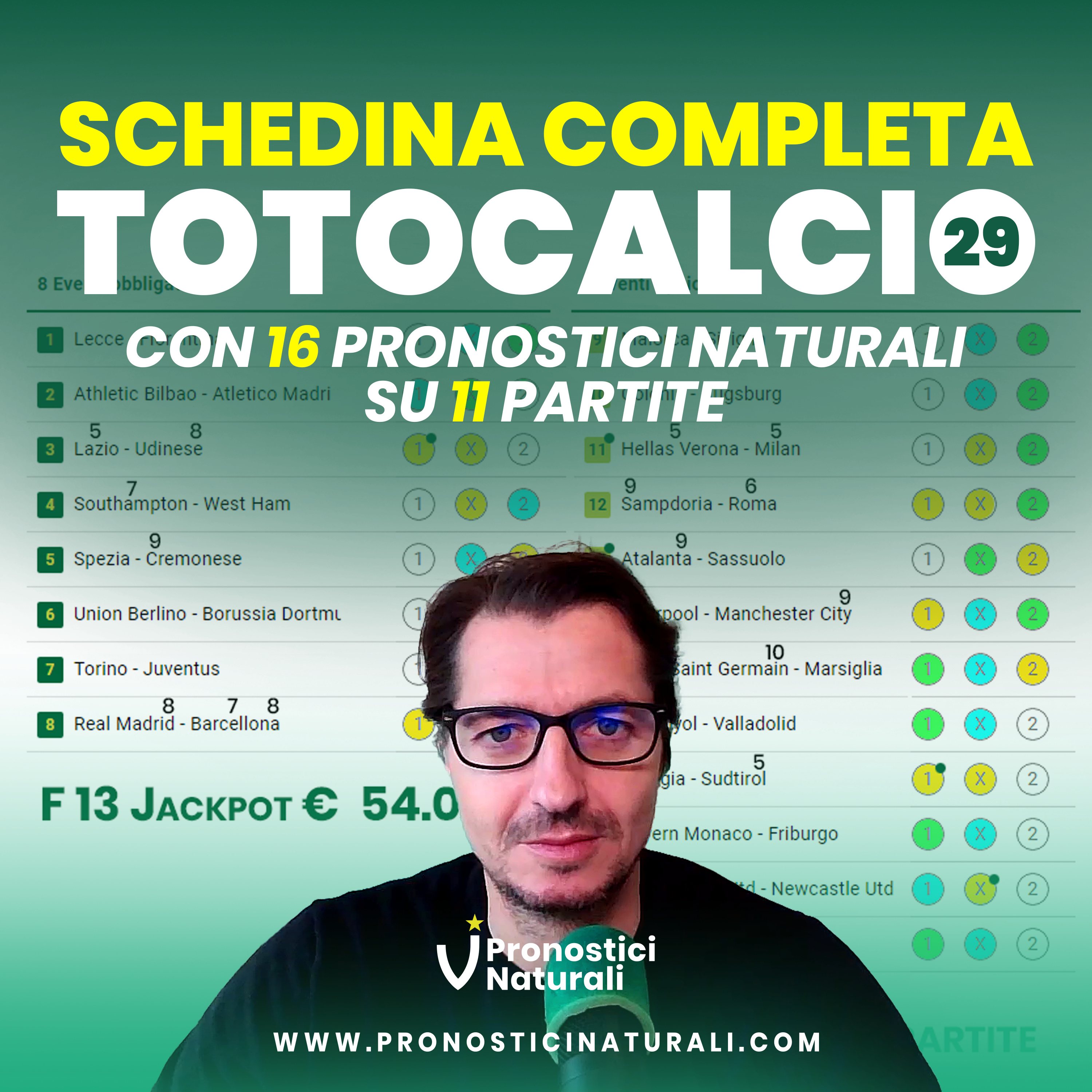 Schedina Totocalcio 29 completa con tutte le partite e 16 Pronostici Naturali su 11 partite episode artwork