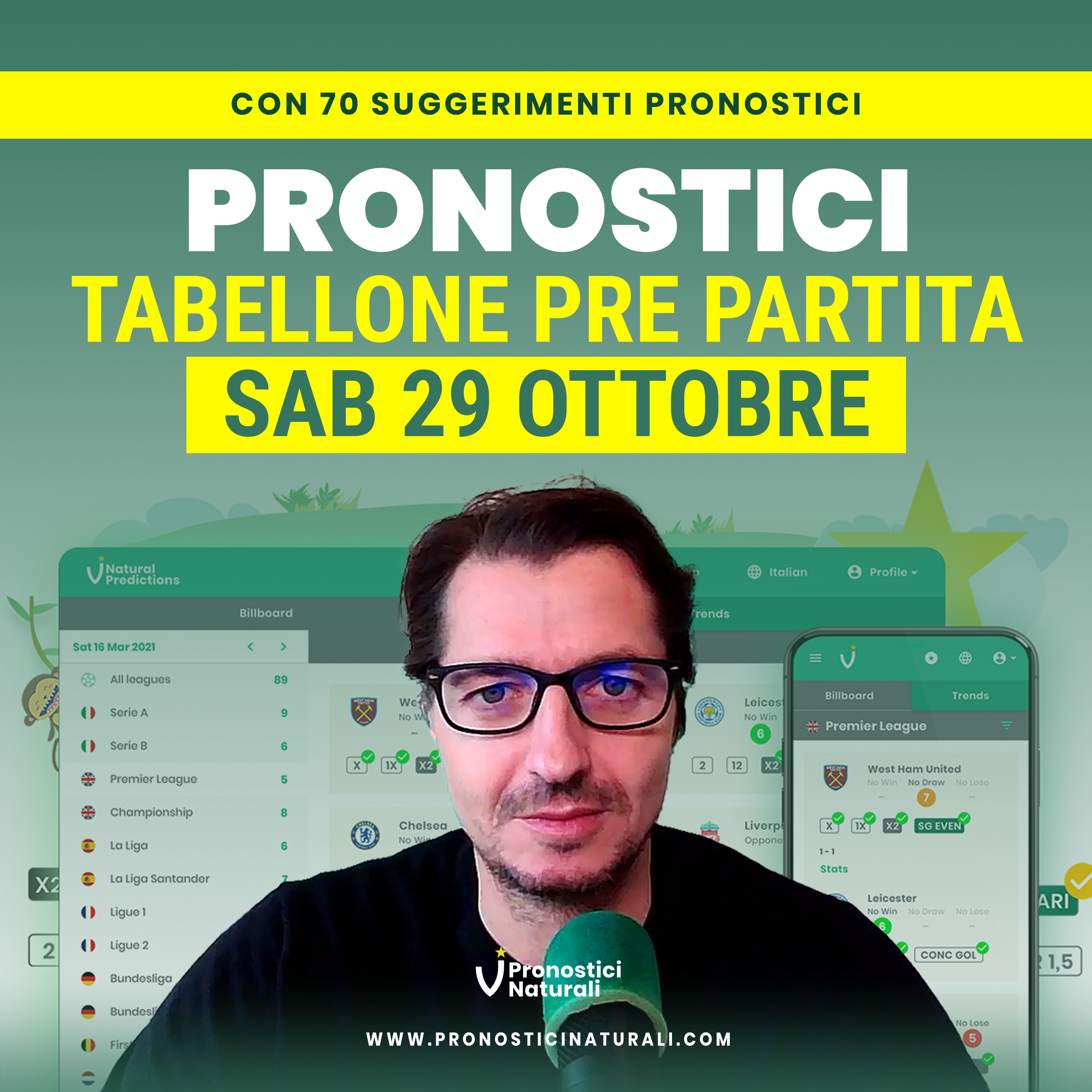 Pronostici Naturali Sabato 28 Ottobre con 70 Suggerimenti Betting Calcio su 17 campionati