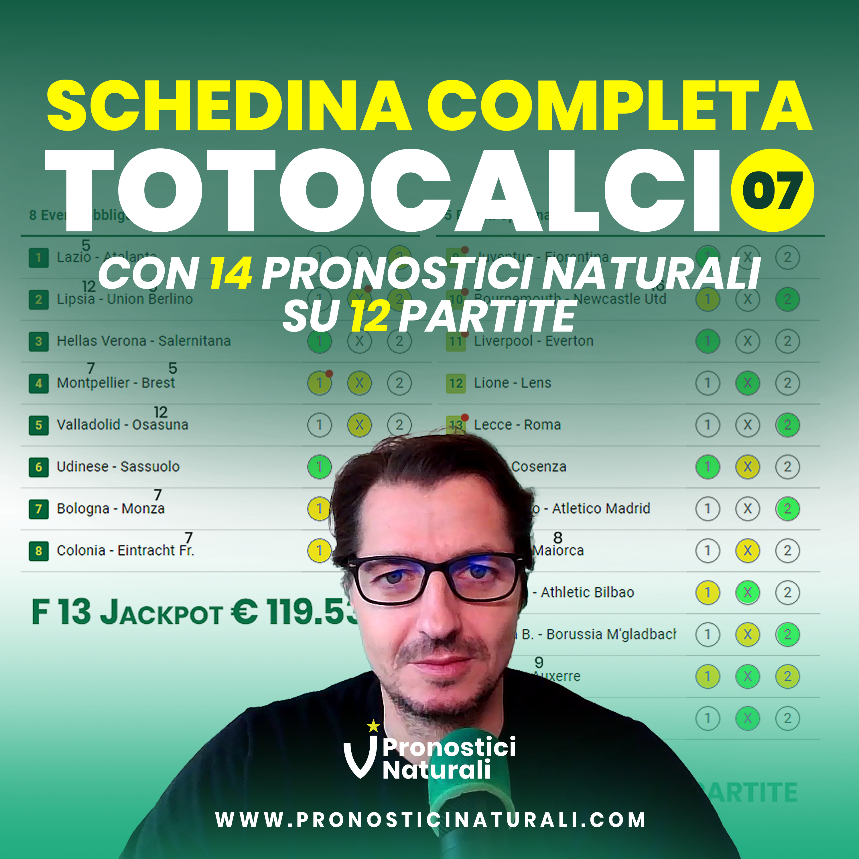 TOTOCALCIO 7 con ottimo JACKPOT F13 119.000, tutti la schedina con 14 Pronostici Naturali