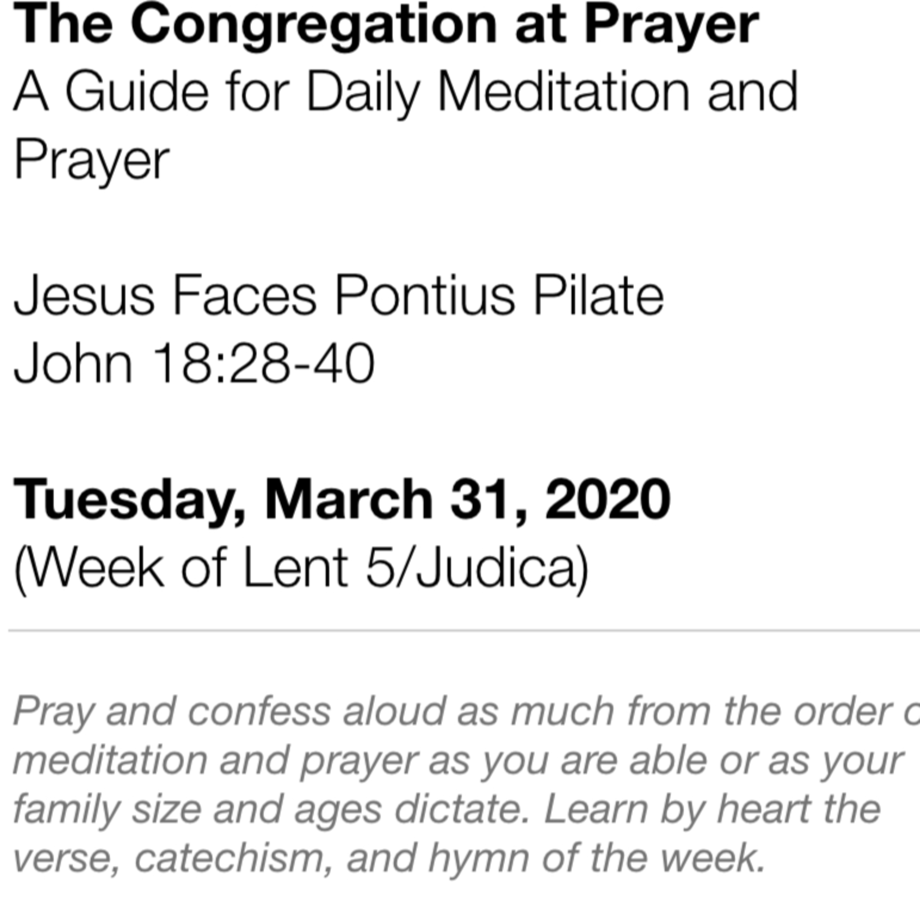 The Congregation at Prayer for March 31, 2020