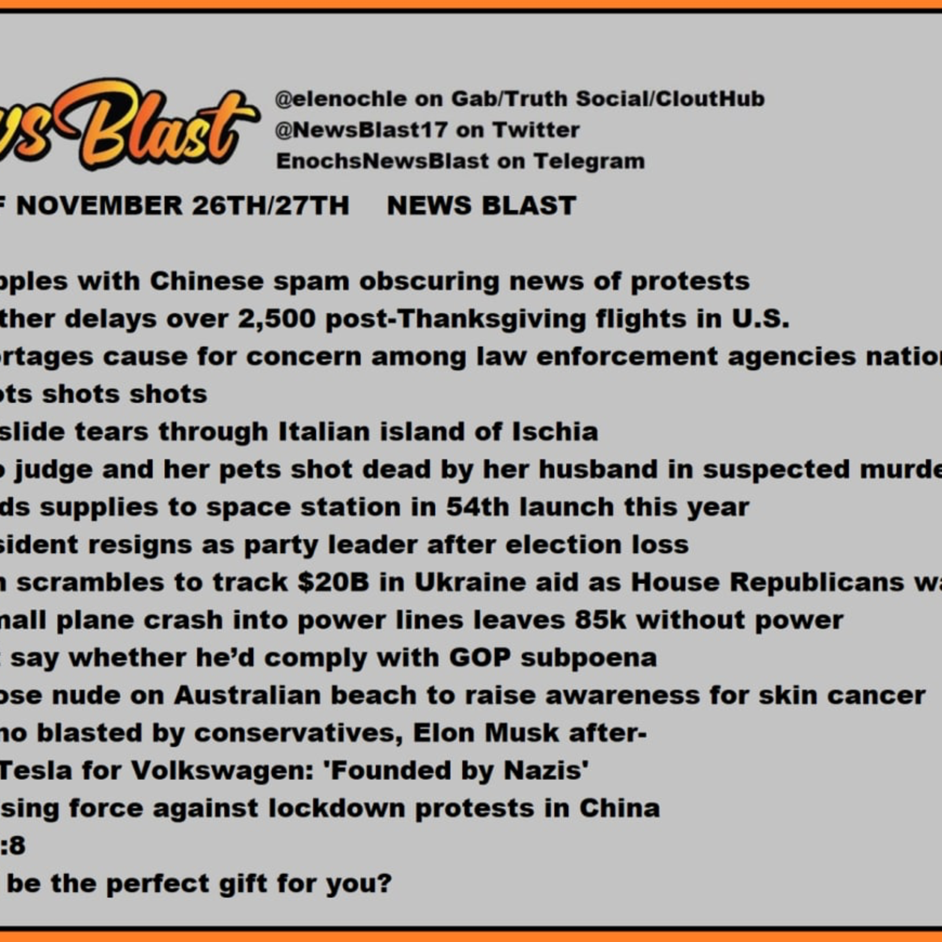 Weekend of November 26/27, 2022. News Blast 