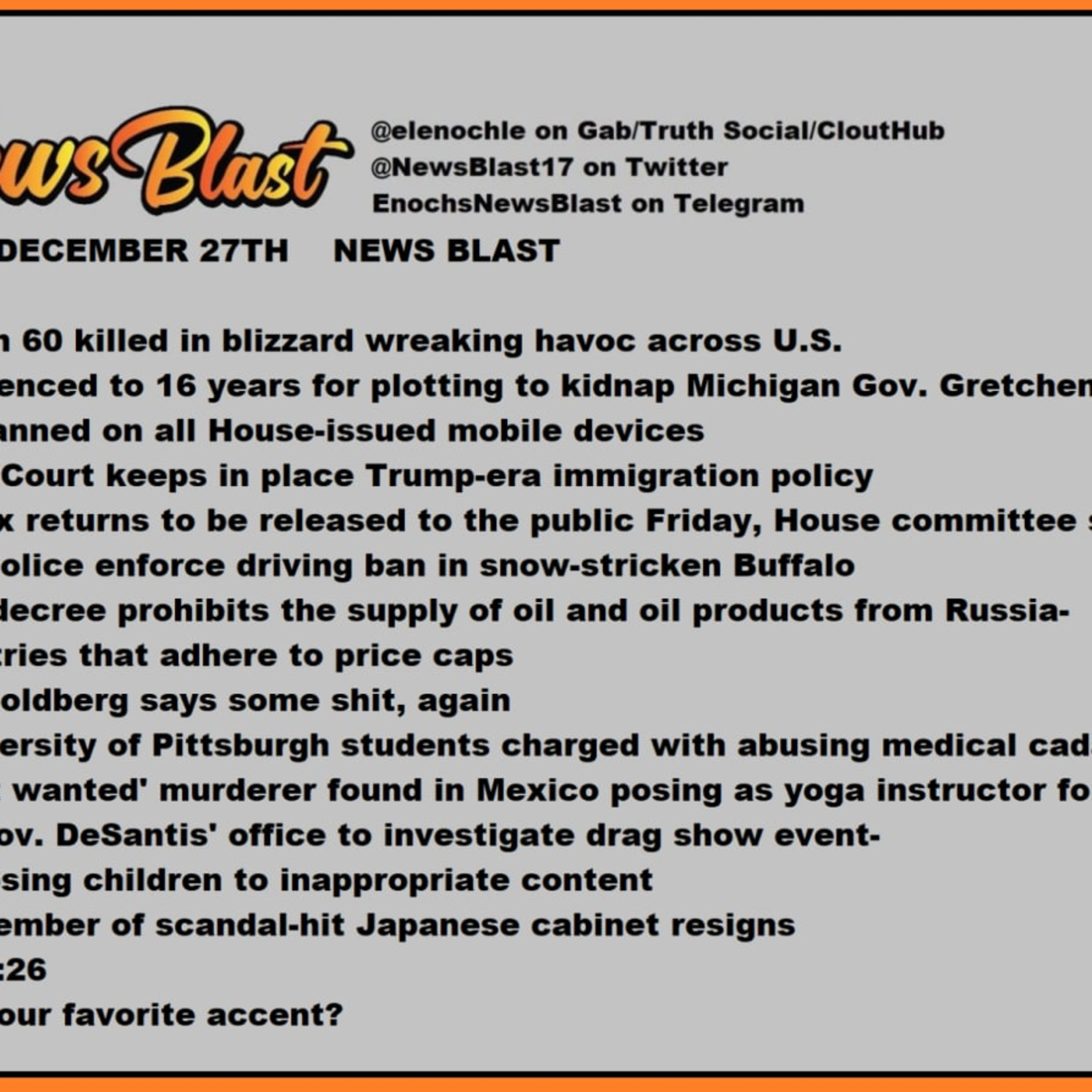 Tuesday, December 27, 2022 News Blast episode artwork