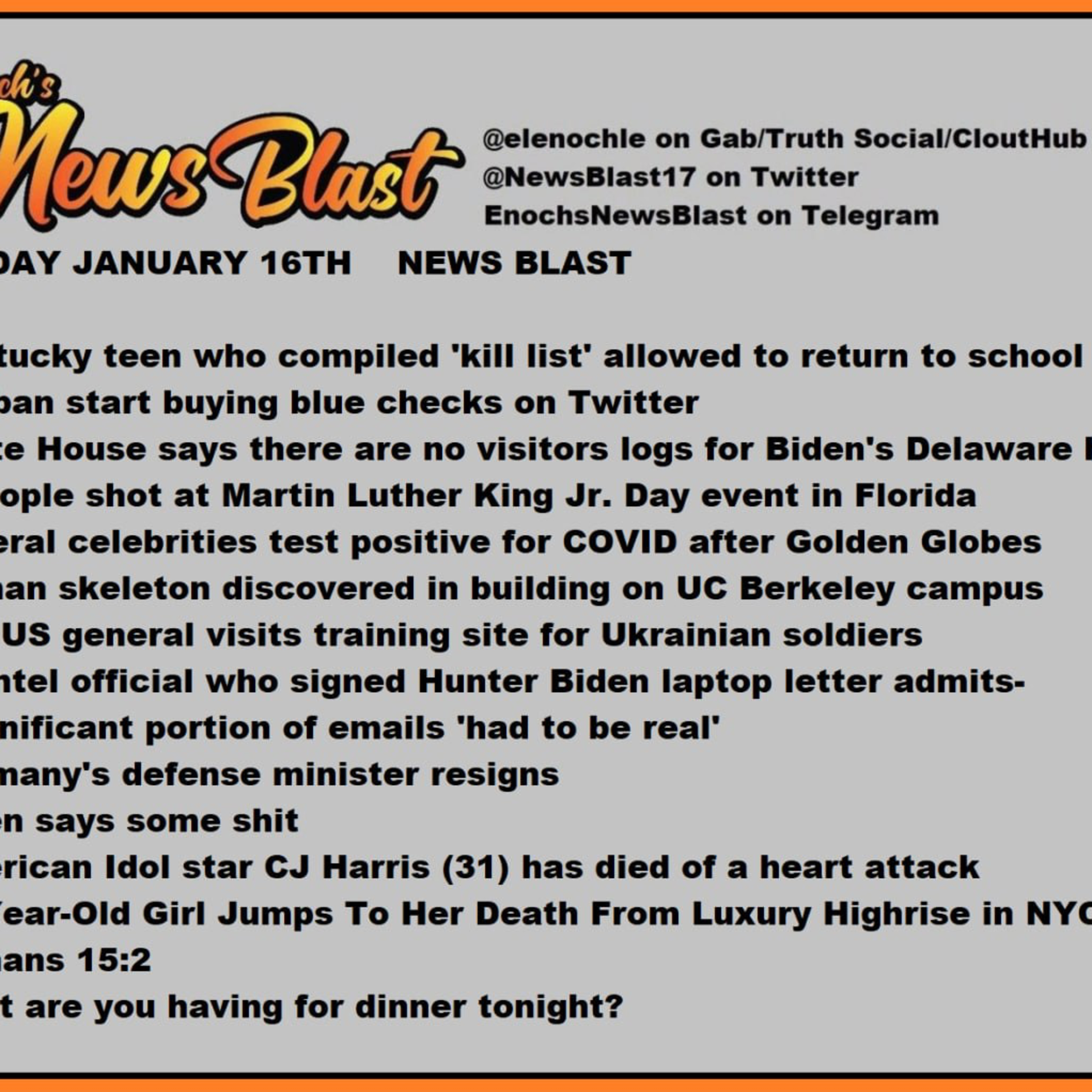 Weekend of January 14/15, 2023 News Blast.  episode artwork