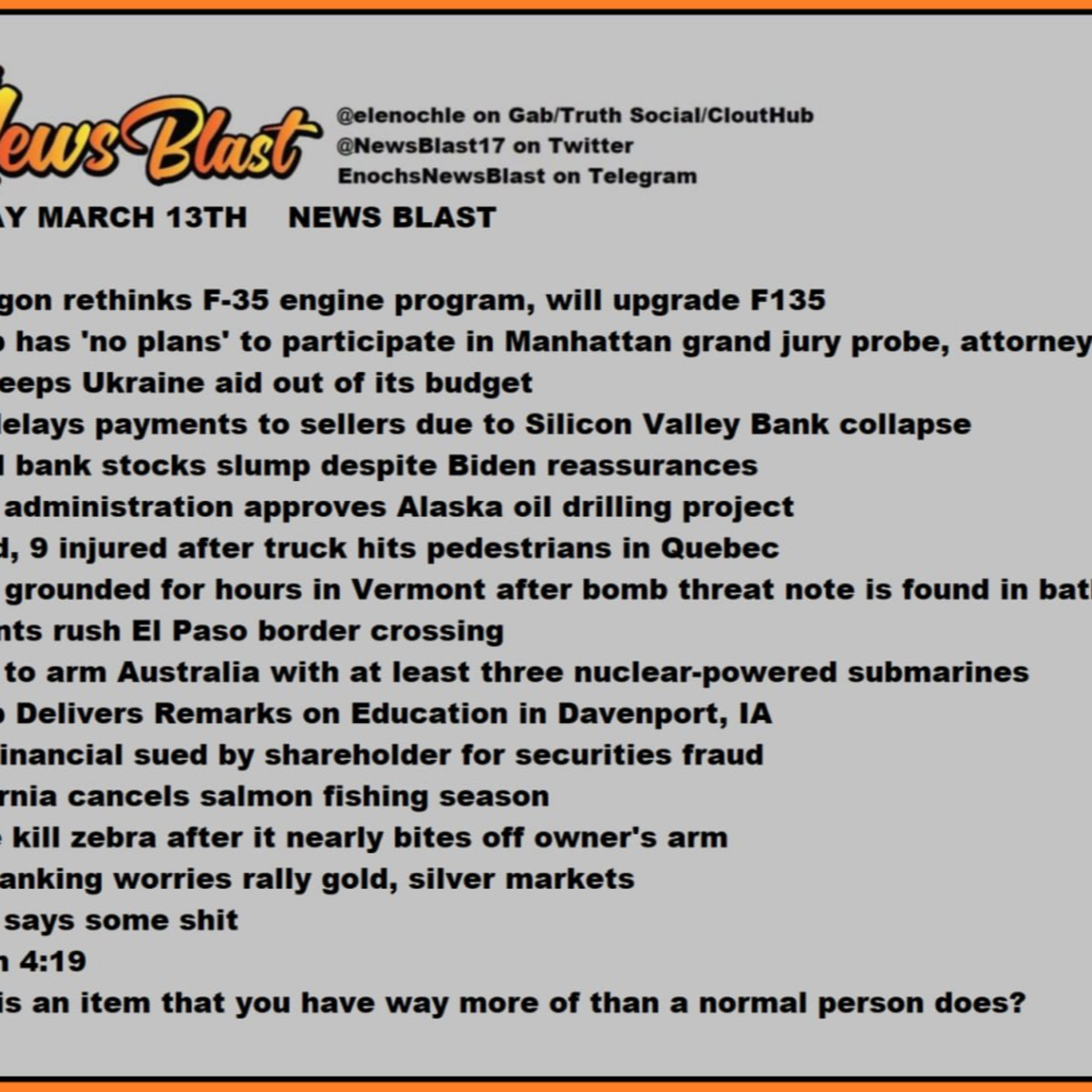 Monday, March 13, 2023. News Blast episode artwork