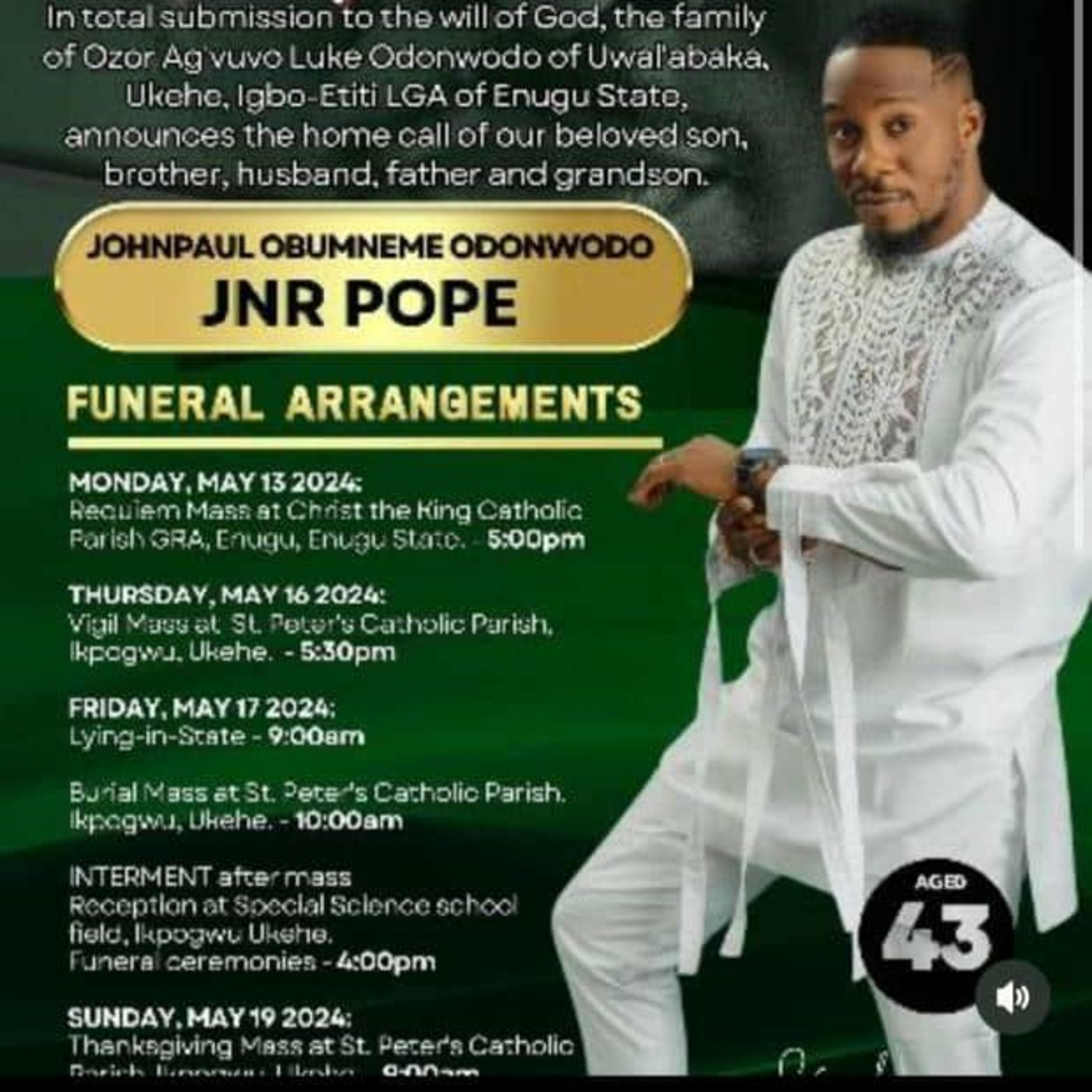 Family release burial arrangements for late actor Junior Pope  episode artwork