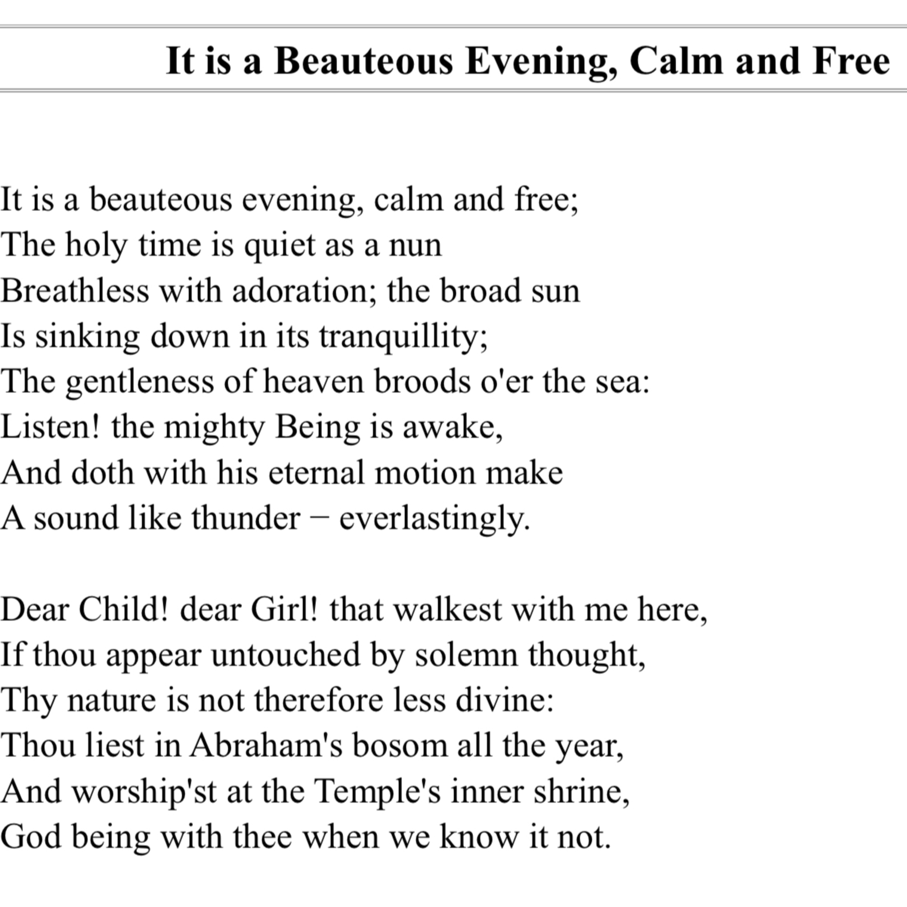 ‘It is a Beauteous Evening, Calm and Free’ by William Wordsworth 1770-1850