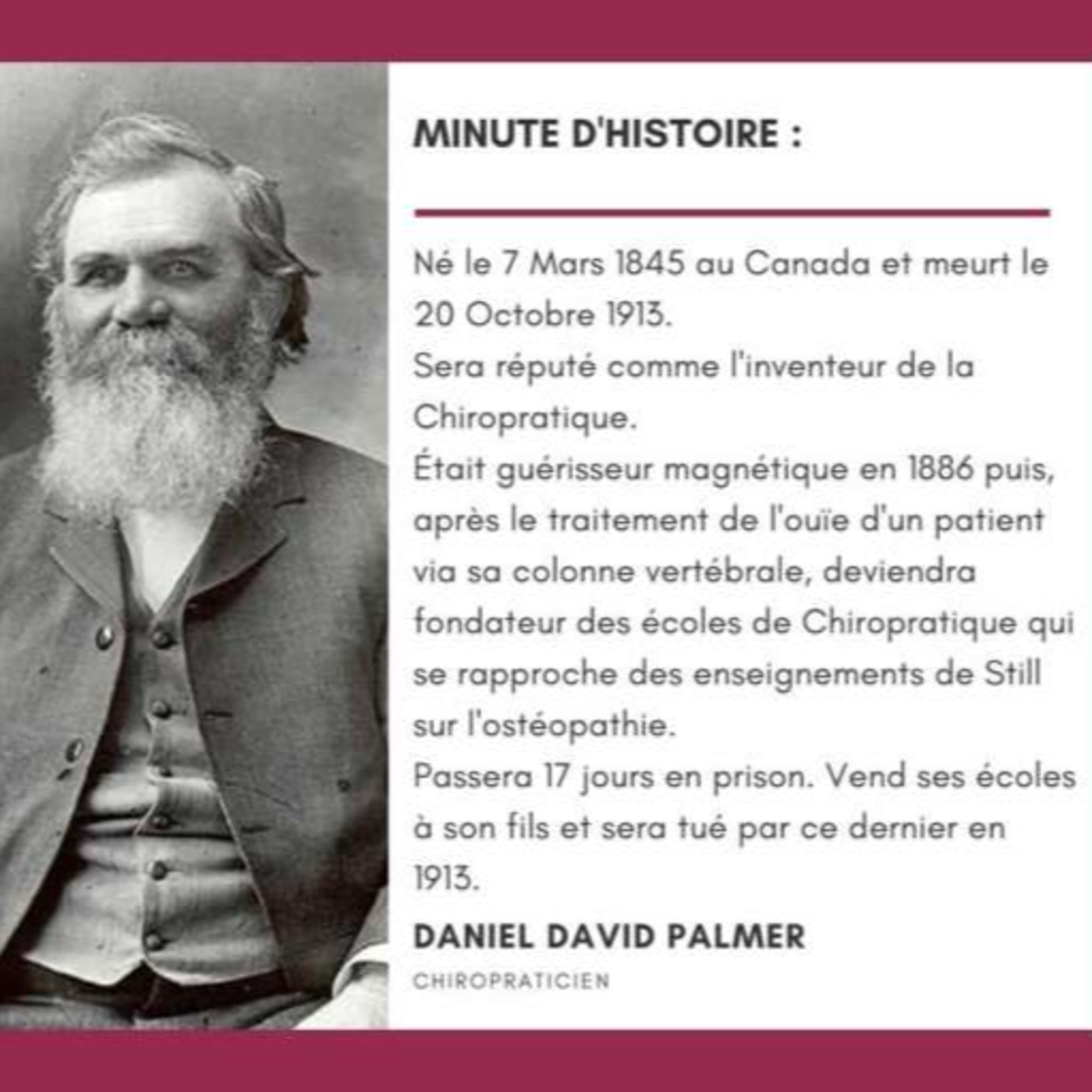 La minute Histoire de la Kinésithérapie 20/07/2022 L’histoire de Daniel Palmer