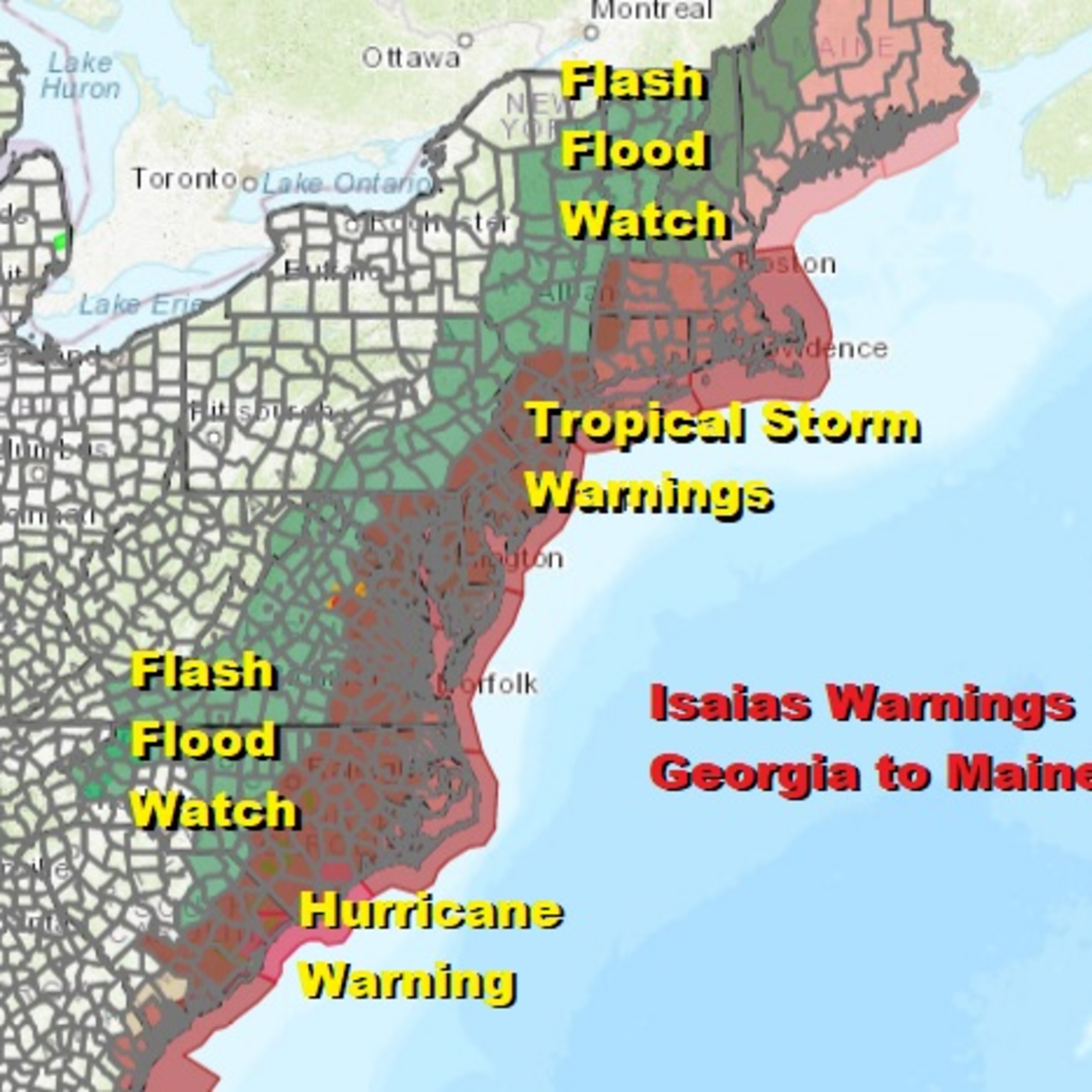 Isaias Update Trlopical Storm Warnings Georgia to Maine Flash Flood Watch, Landfall Tonight in the Carolinas