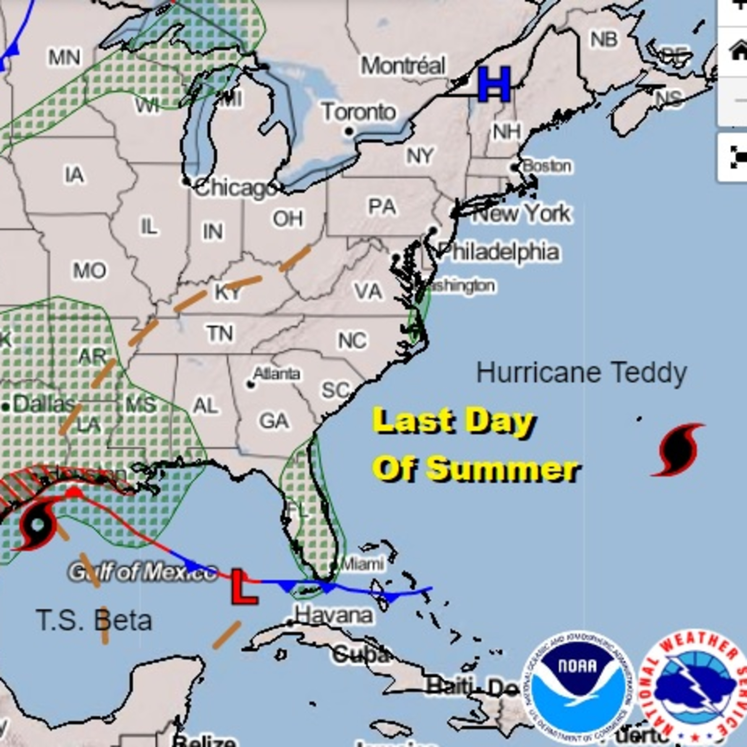 Weather in 5 Last Day of Summer Hurricane Teddy Passes East, Rough Surf Coastal Flooding Beta Texas