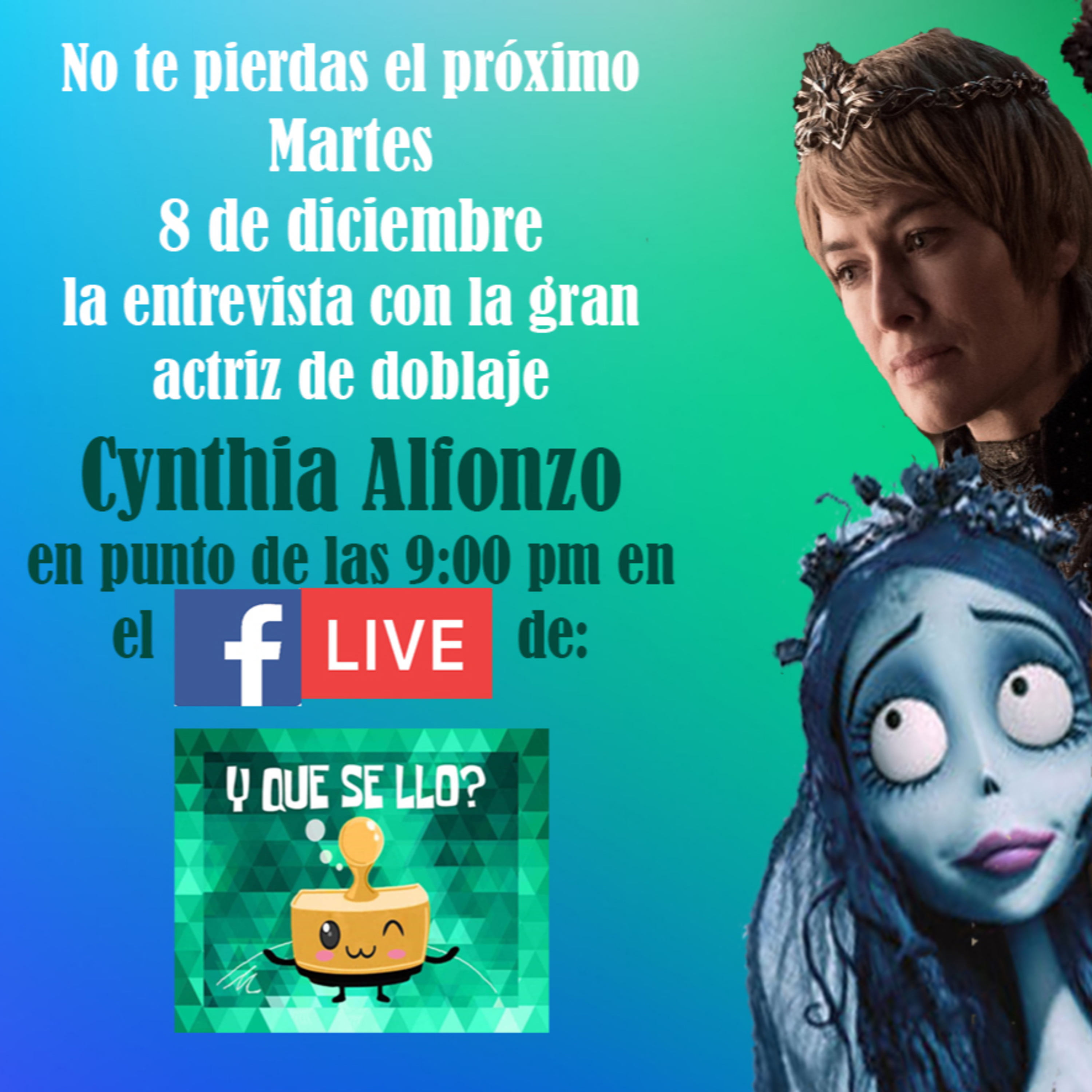 Muchas gracias a la maestra Cynthia Alfonzo por brindarnos esta maravillosa entrevista. No se la pueden perder este próximo Martes 8 de Diciembre en punto de las 9 pm en el Facebook Live episode artwork