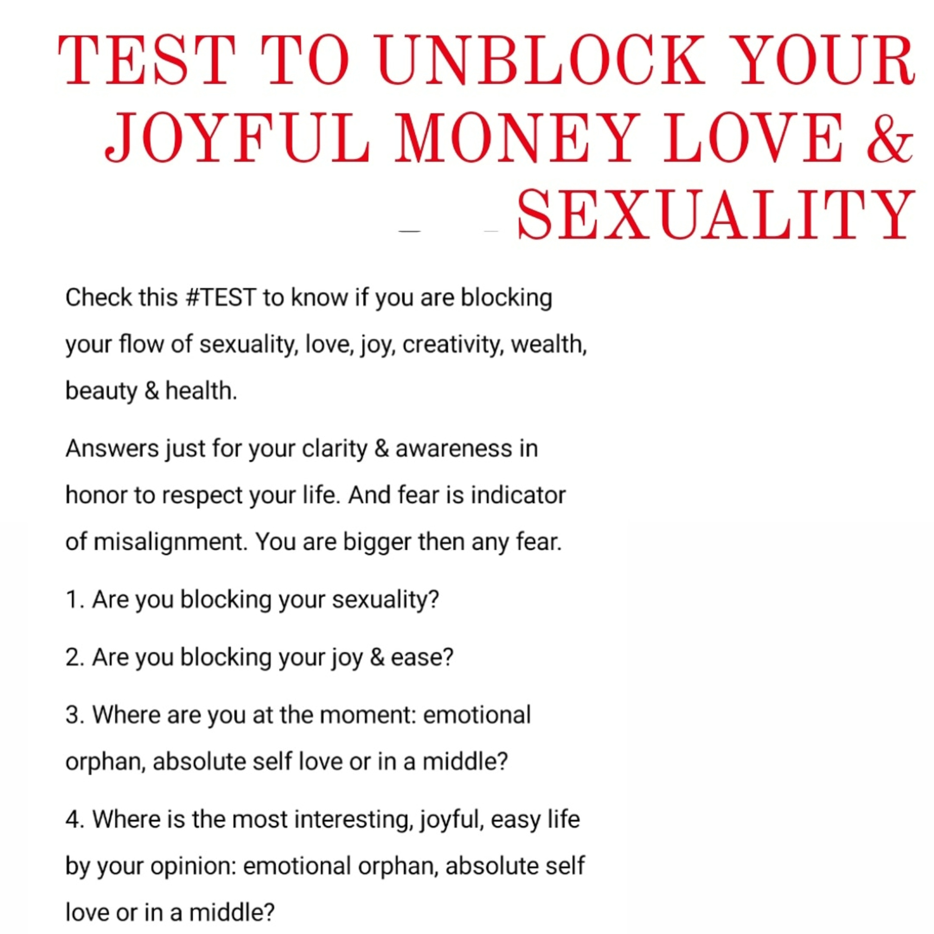 Test to Unblock your Joyful Money, Love, & Sexuality