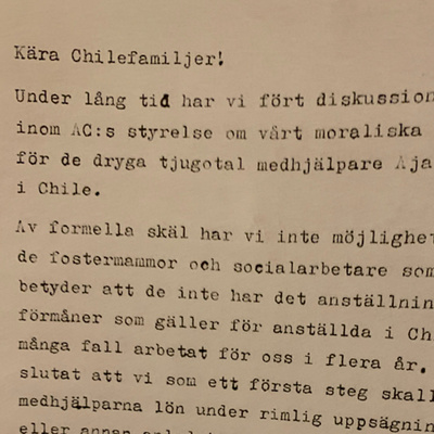 Kära Chilefamiljer, ett brev från Adoptionscentrum augusti 1980