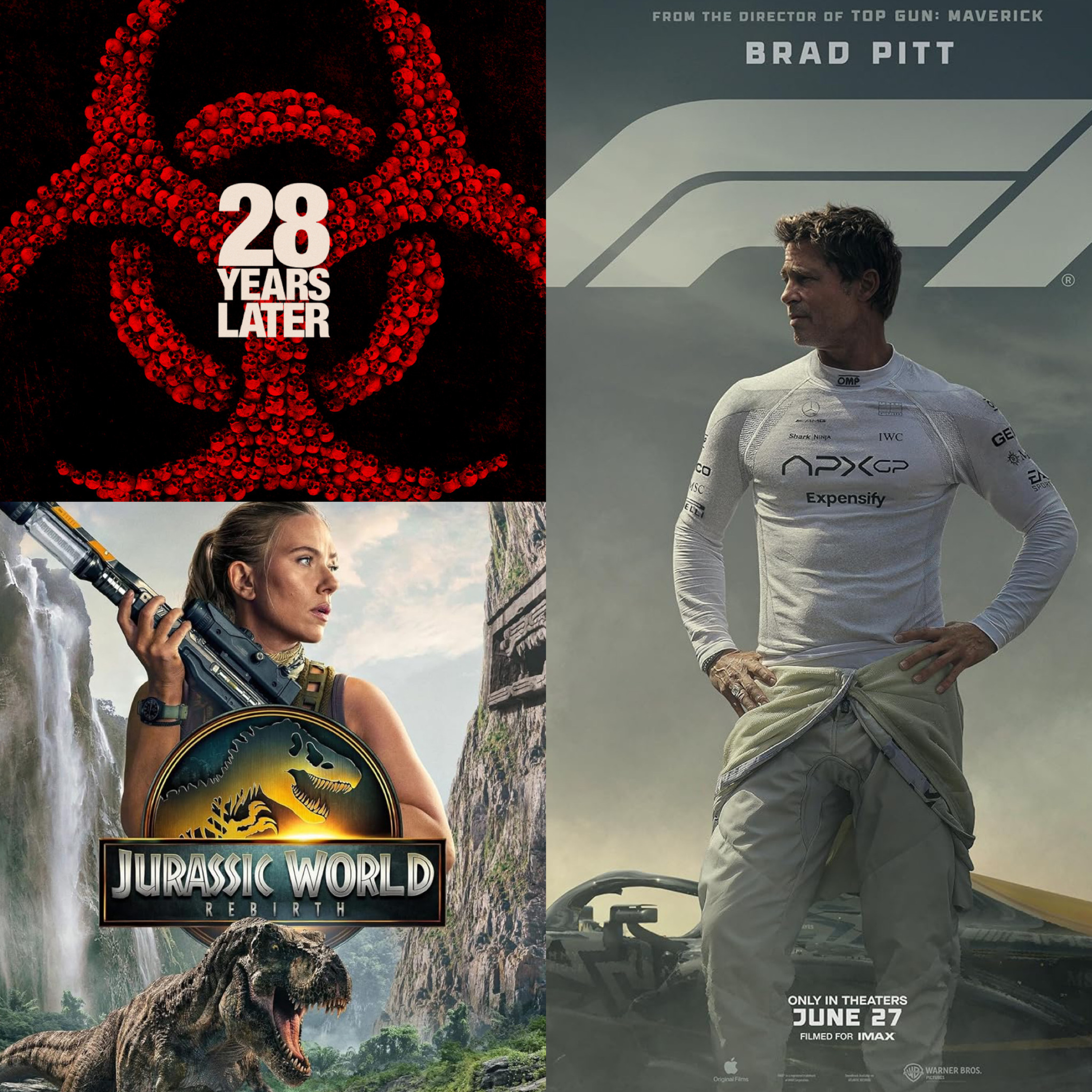 Jurassic World Rebirth, 28 Years Later, and F1 episode artwork
