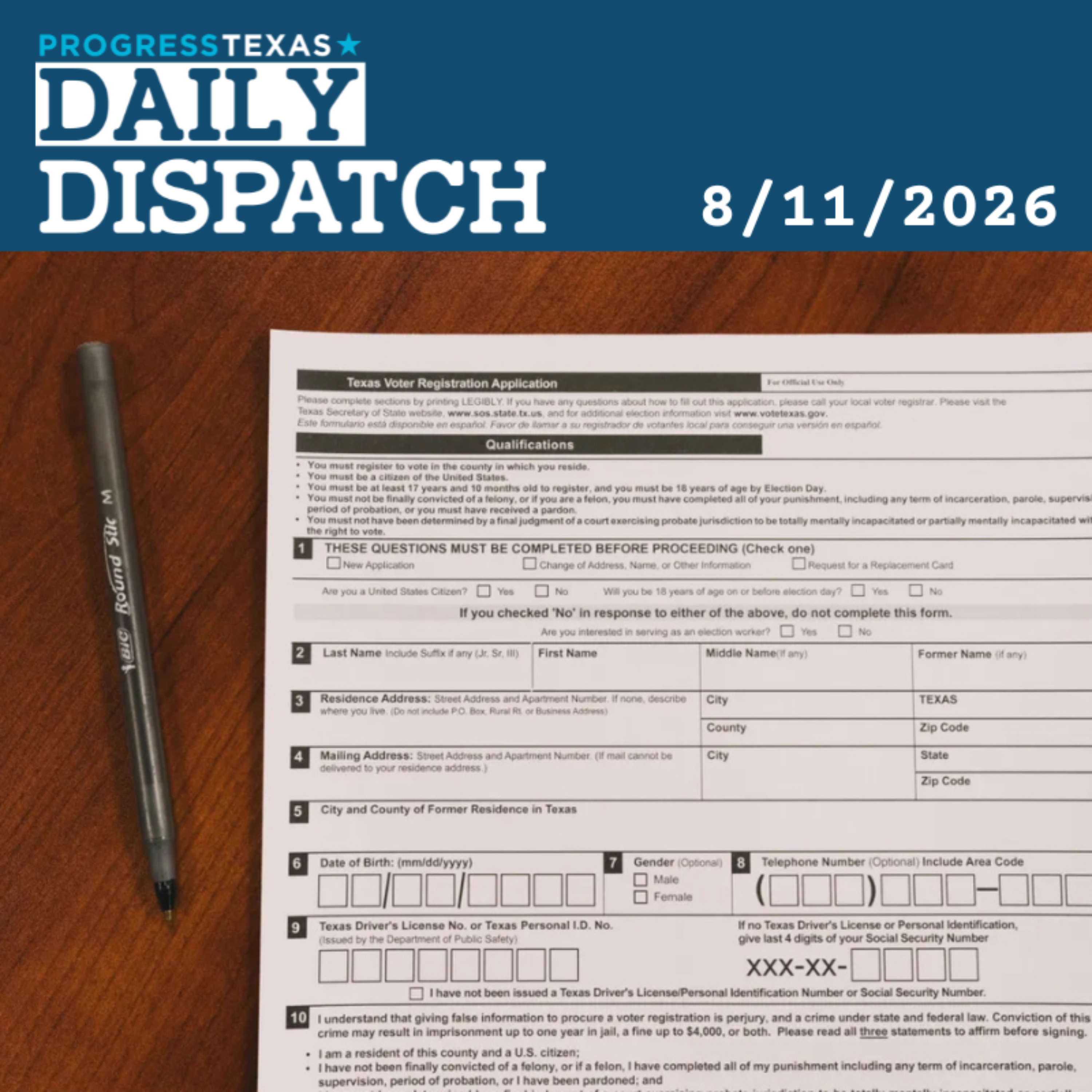 Is YOUR Texas Voter Registration Under "Suspense"? And More - Daily Dispatch 8/11/26 episode artwork