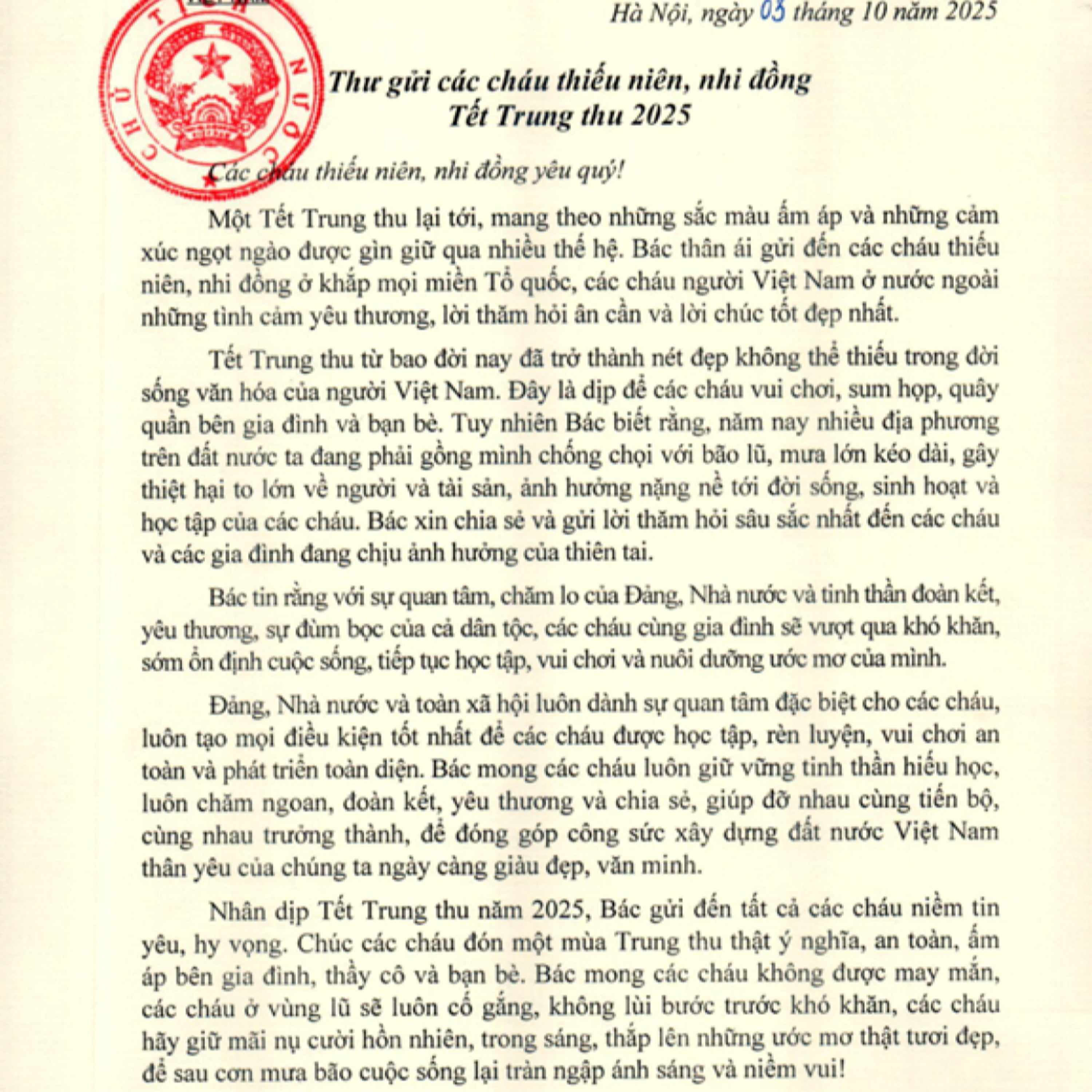 Thời sự 18h 3/10/2025: Chủ tịch nước Lương Cường gửi thư chúc Tết Trung thu 2025