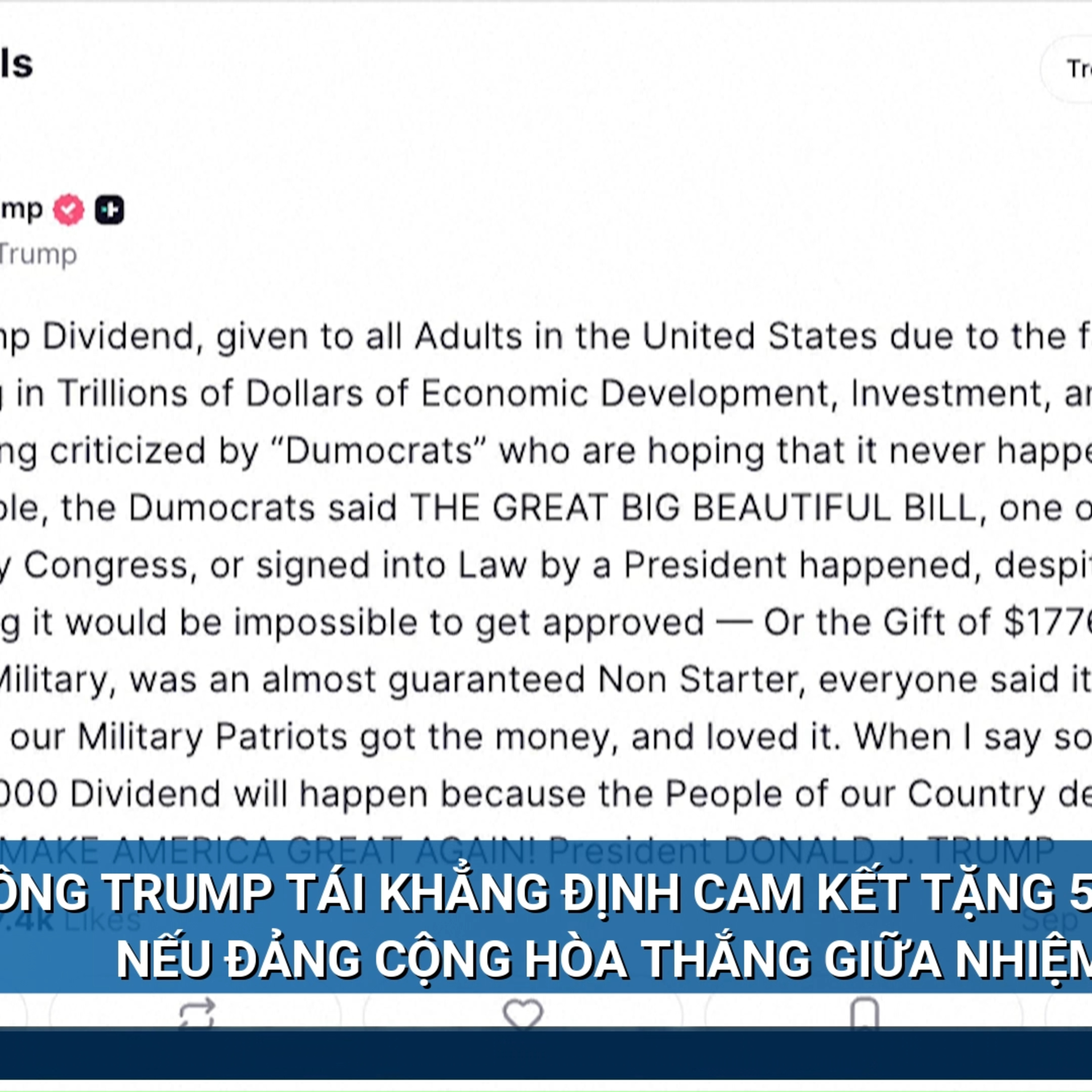 Tin quốc tế - Ông Trump tái khẳng định cam kết tặng 5.000 USD nếu đảng Cộng hòa thắng giữa nhiệm kỳ