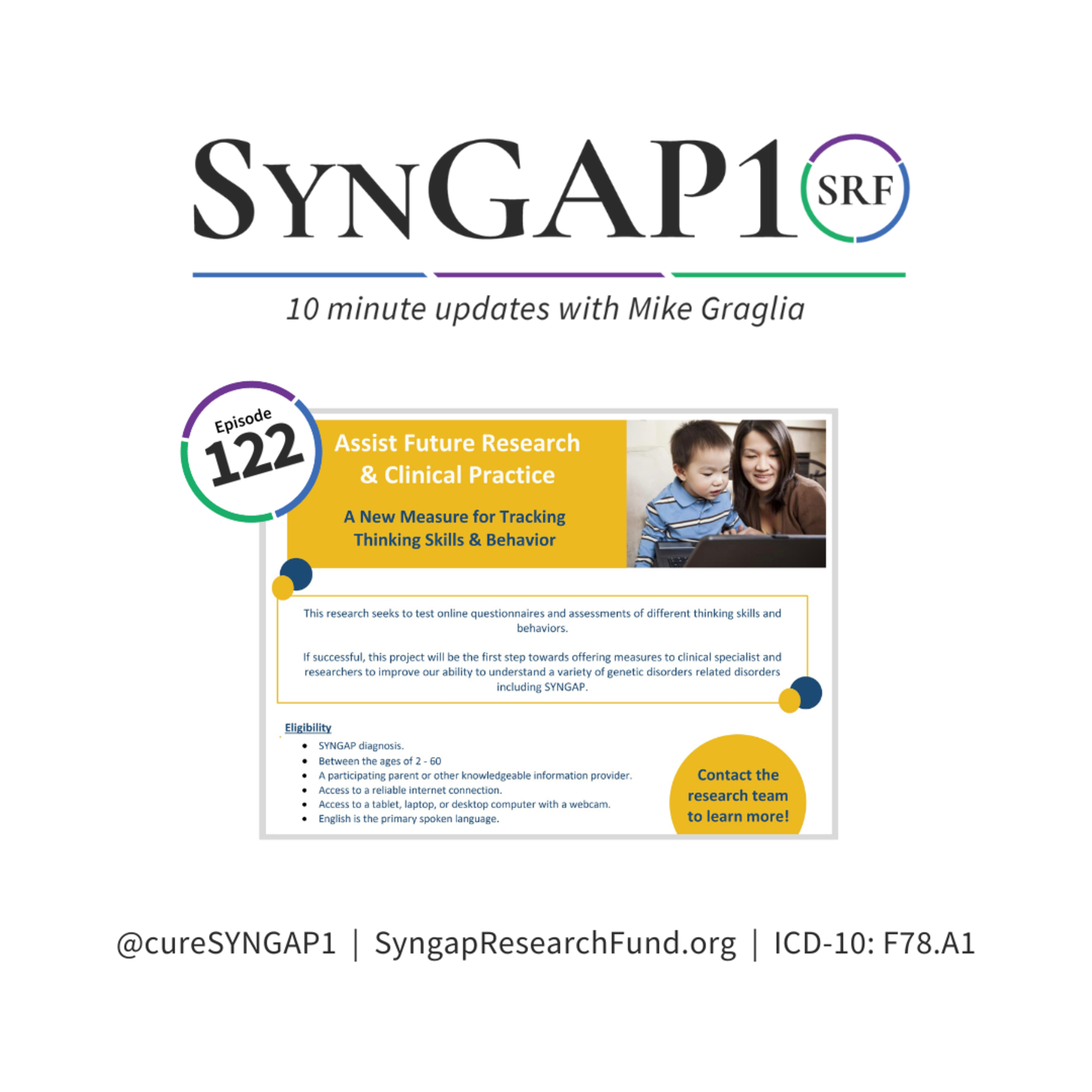Study Invitation - Everyone with a laptop can help us make an easy at home validated measure to de risk clinical trials.  Sign up now for this #SRFunded effort - #S10e122 #SRFFrazier episode artwork