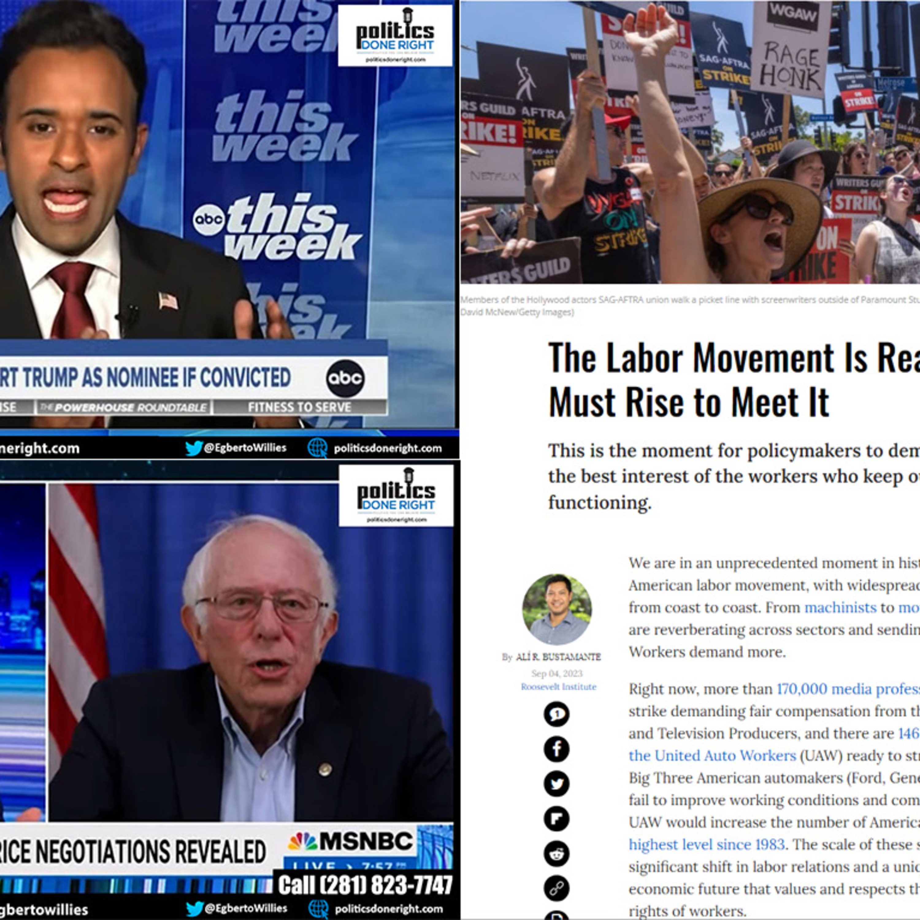 Ramaswamy morality display. Bernie gave Ali Velshi the correct narrative. The Labor movement.