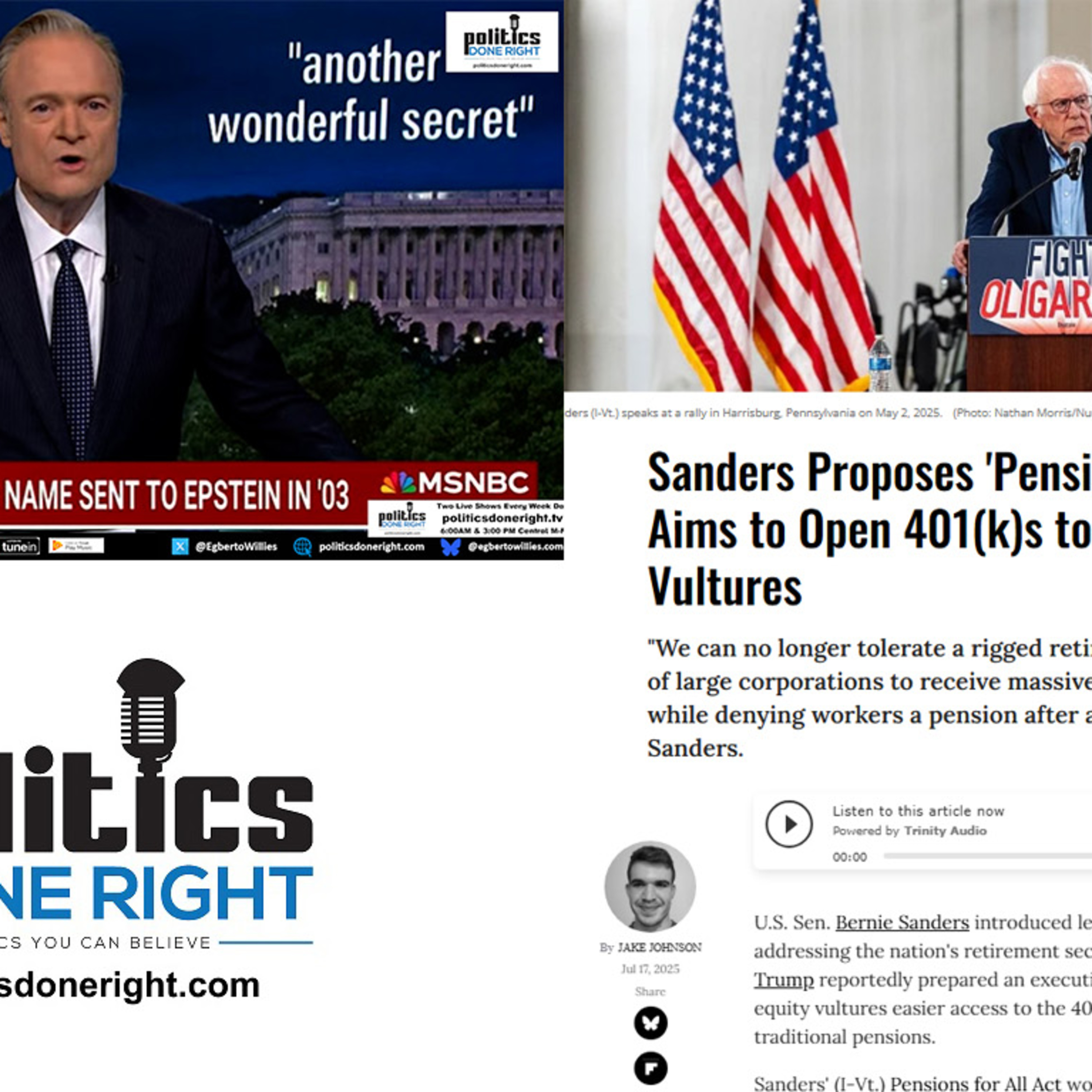 The Epstein story may be a ruse we better be careful of. Bernie proposes Pension for All.