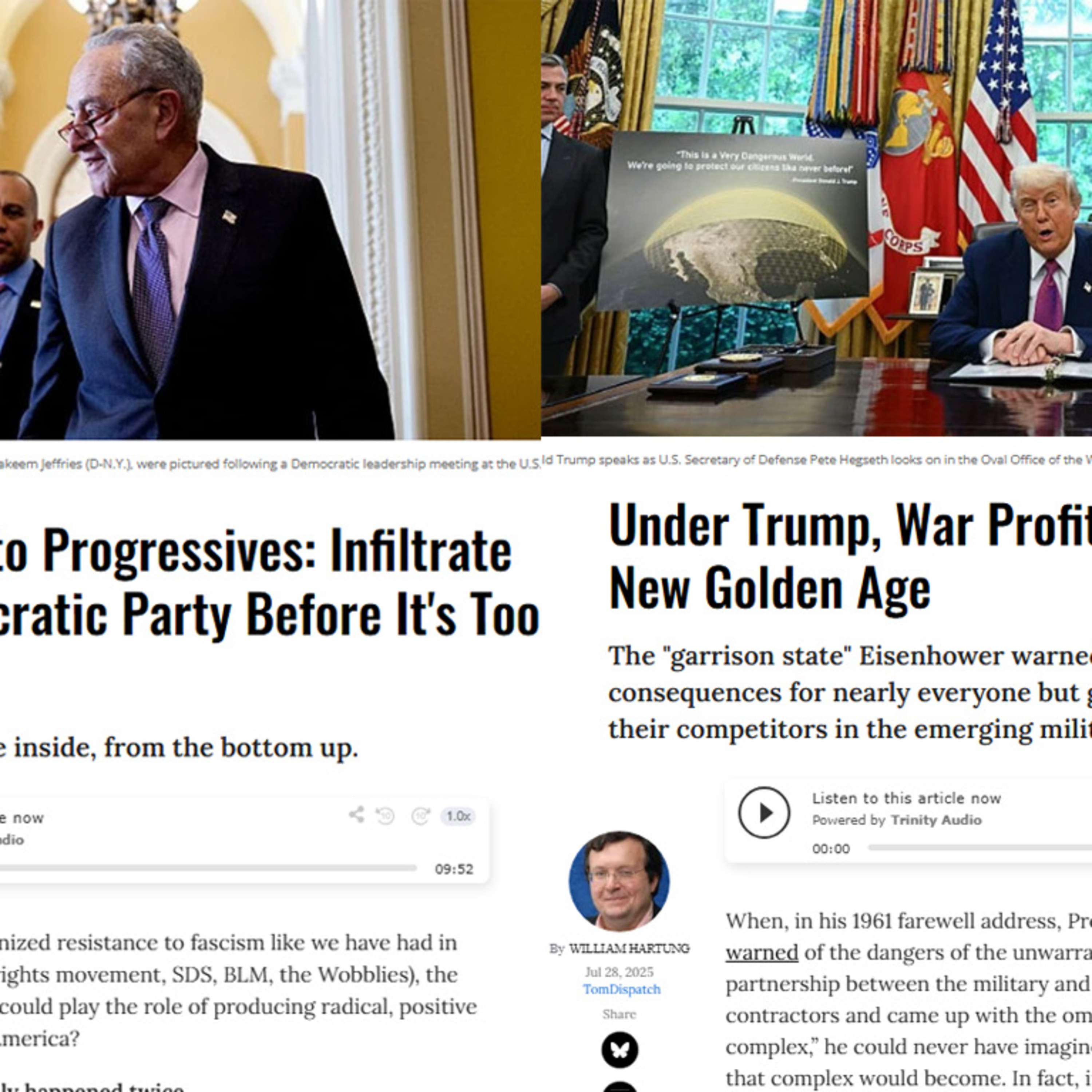 Progressives: Infiltrate the Democratic Party now. Trump: The War Industrial Complex Golden Age!