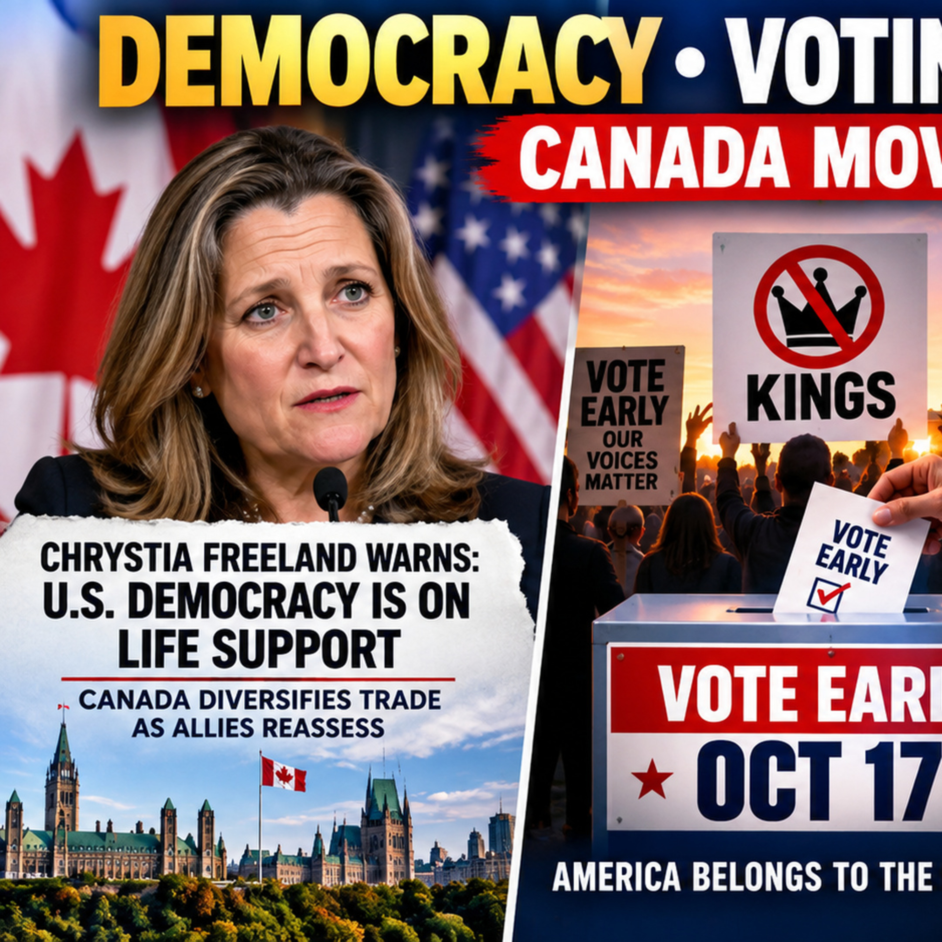 Freeland Warns on U.S. Democracy, No Kings Pushes Early Voting, Medicare for All Debate Grows