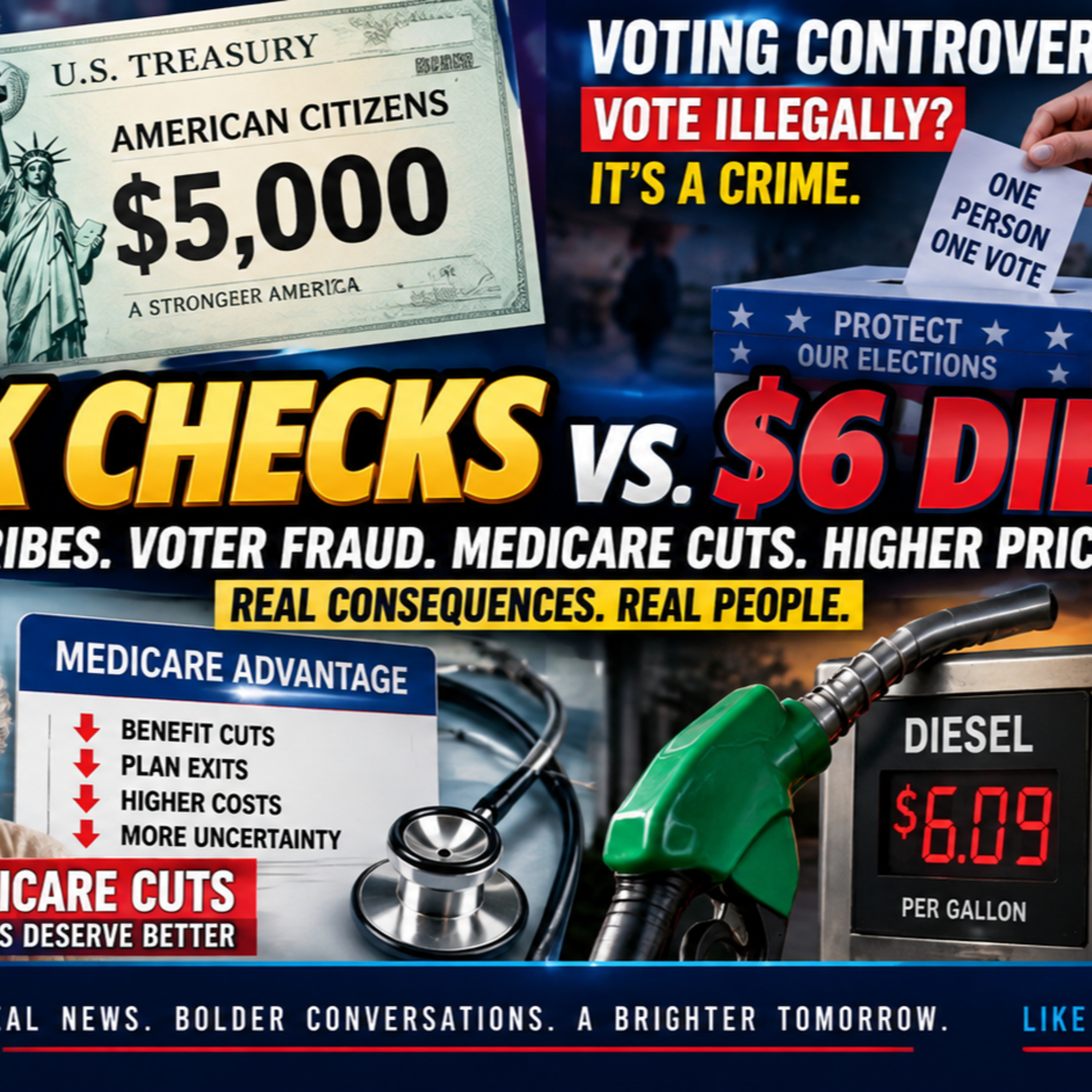 Trump’s $5K Pledge, Voting Claims, Medicare Advantage Cuts & $6 Diesel Squeeze