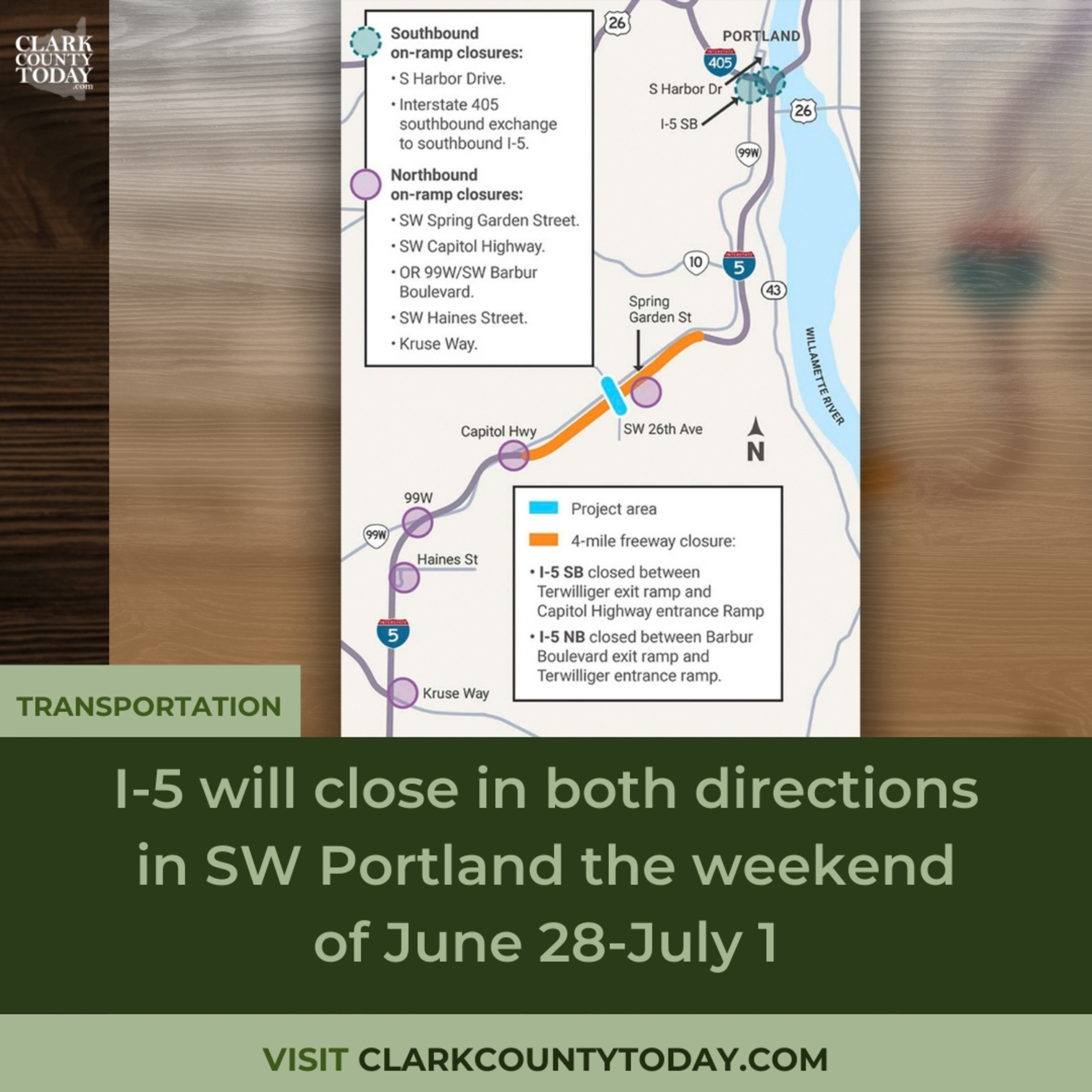 I-5 will close in both directions in SW Portland the weekend of June 28-July 1