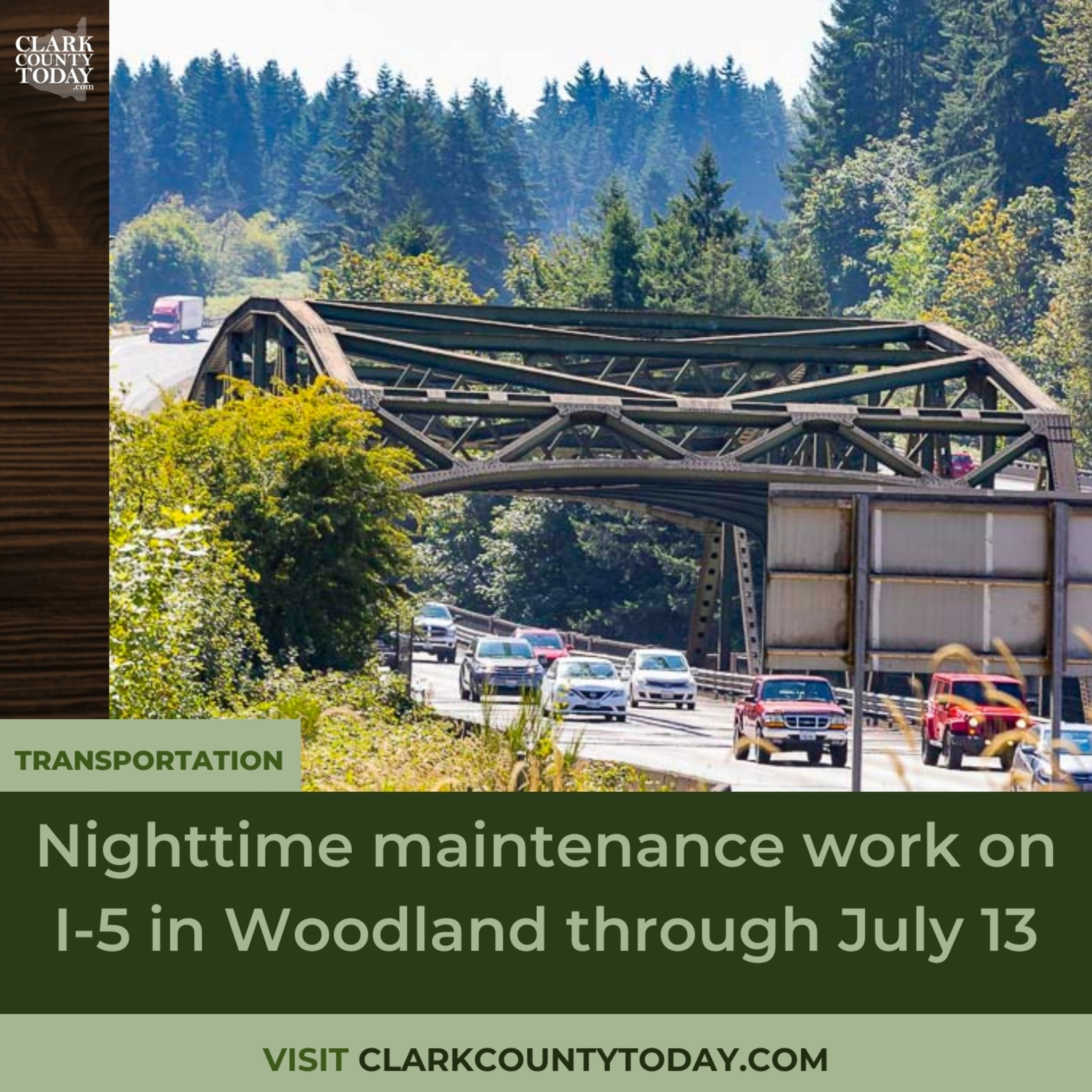 Nighttime maintenance work on I-5 in Woodland through July 13