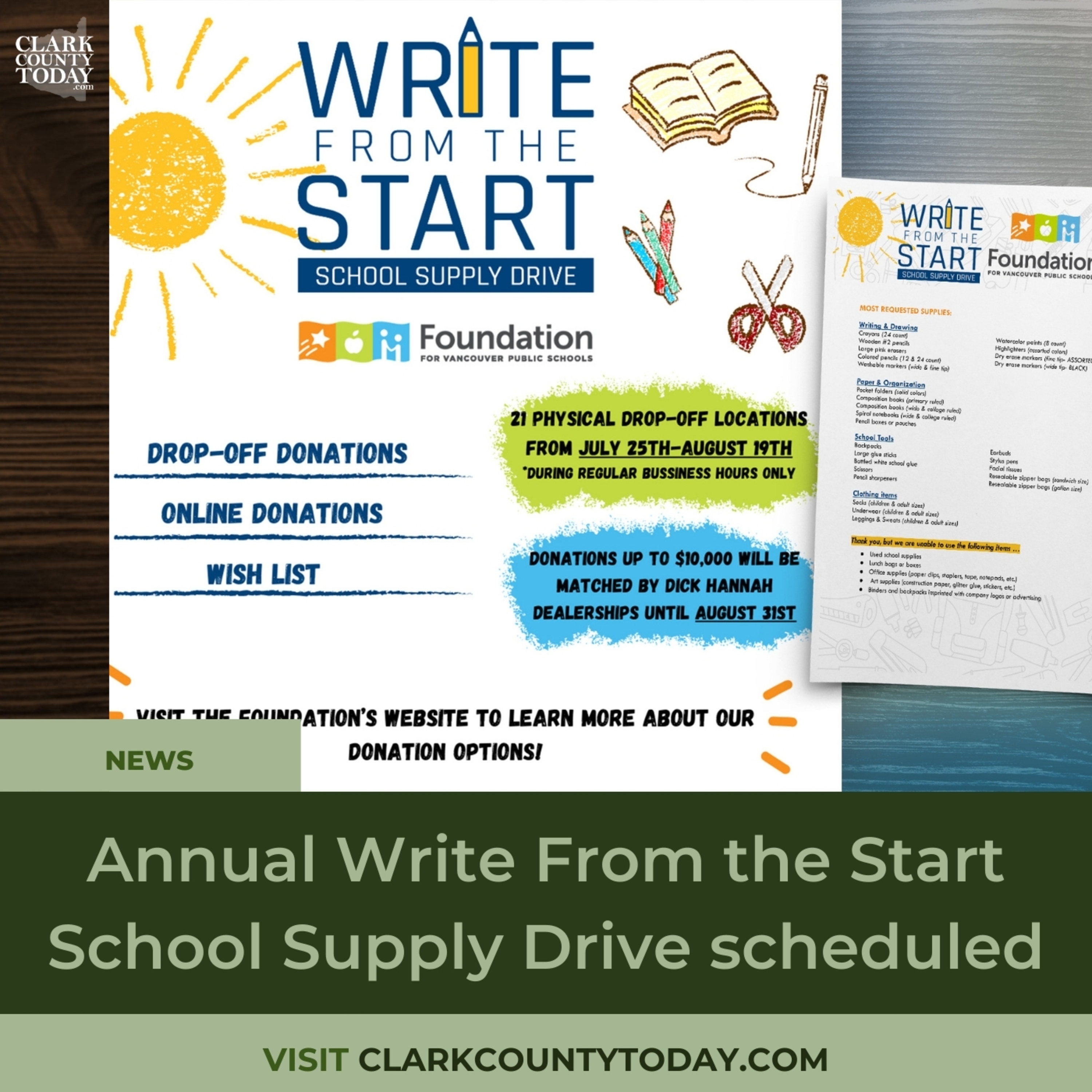 Annual Write From the Start School Supply Drive scheduled