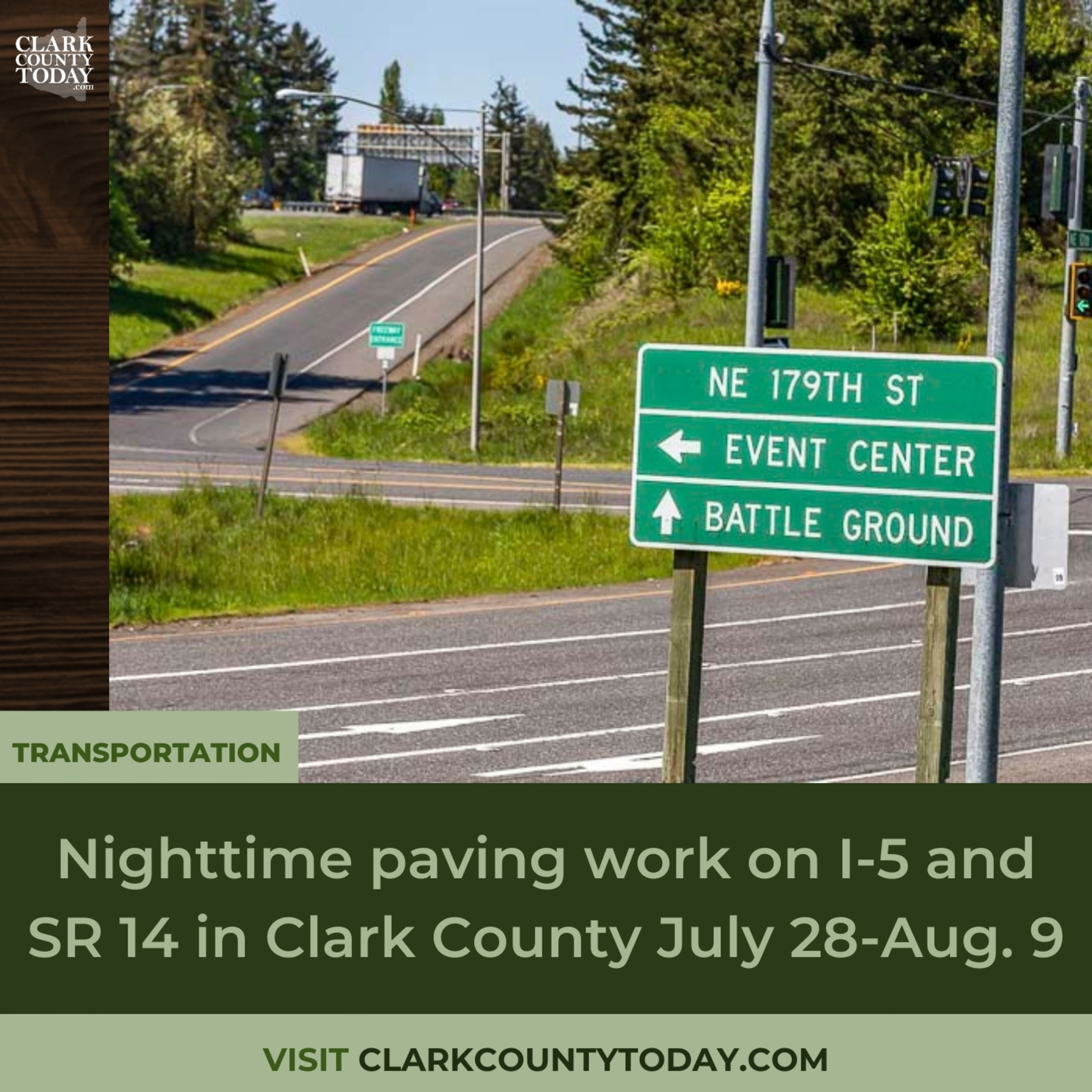Nighttime paving work on I-5 and SR 14 in Clark County July 28-Aug. 9