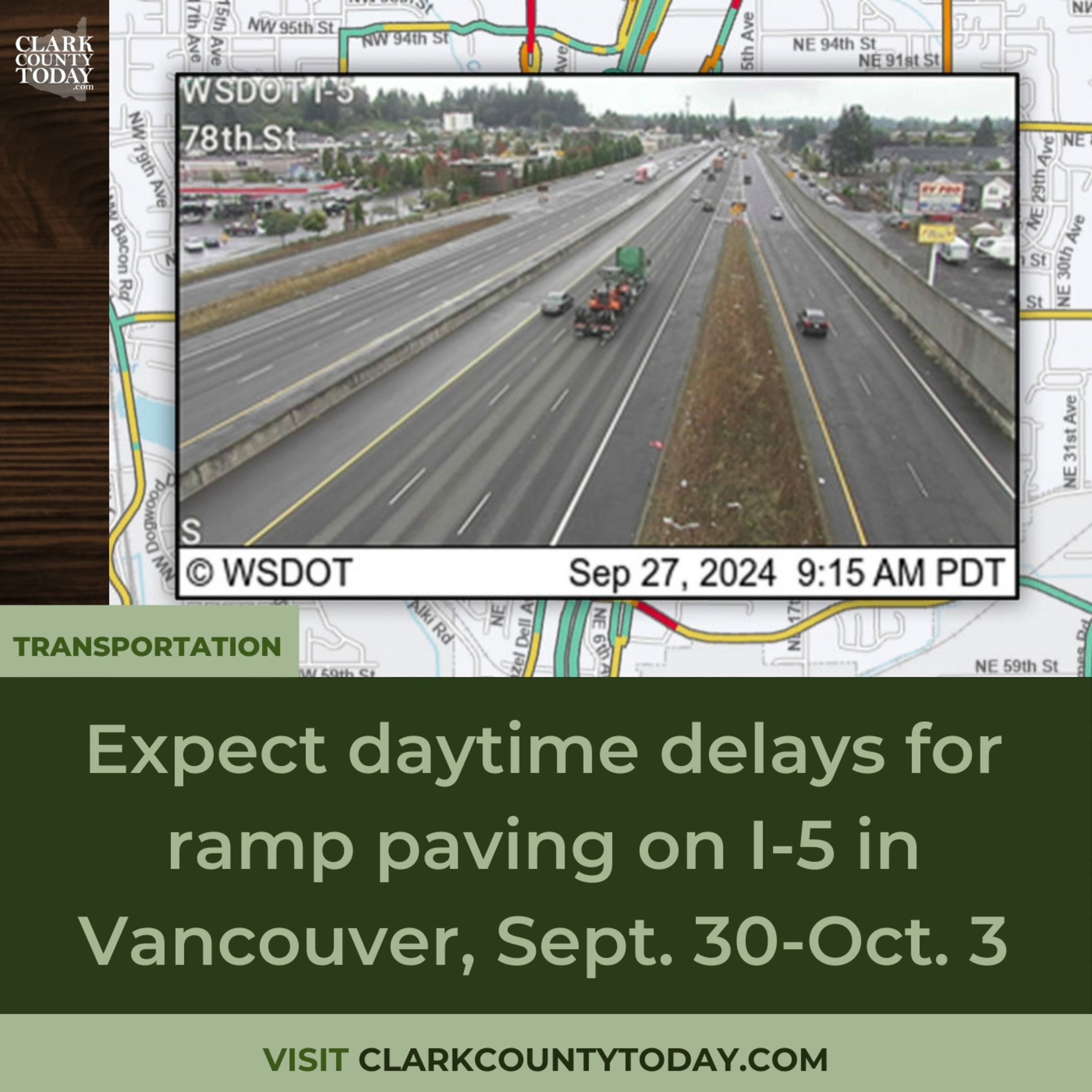 Expect daytime delays for ramp paving on I-5 in Vancouver, Sept. 30-Oct. 3