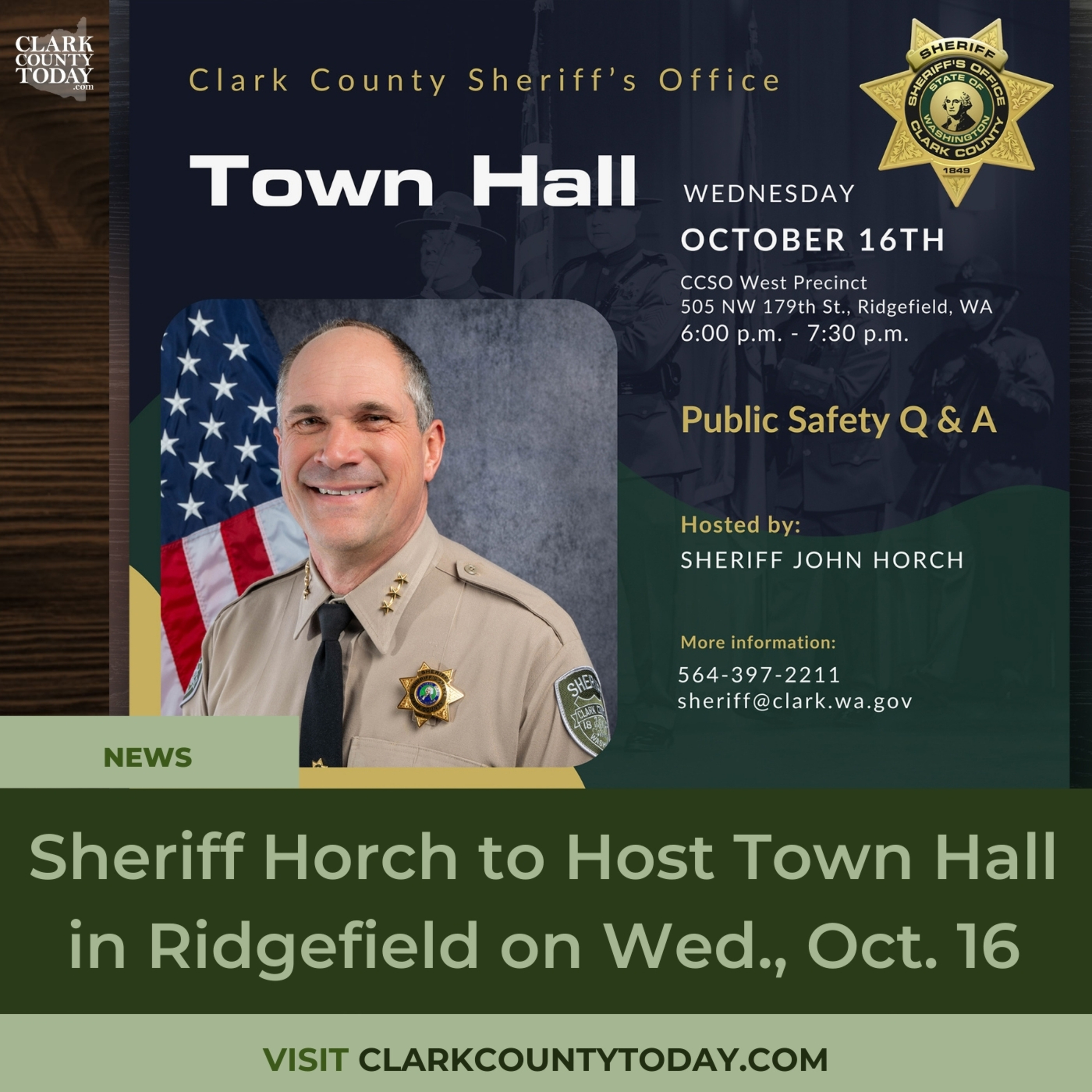 Sheriff Horch to Host Town Hall in Ridgefield on Wed., Oct. 16