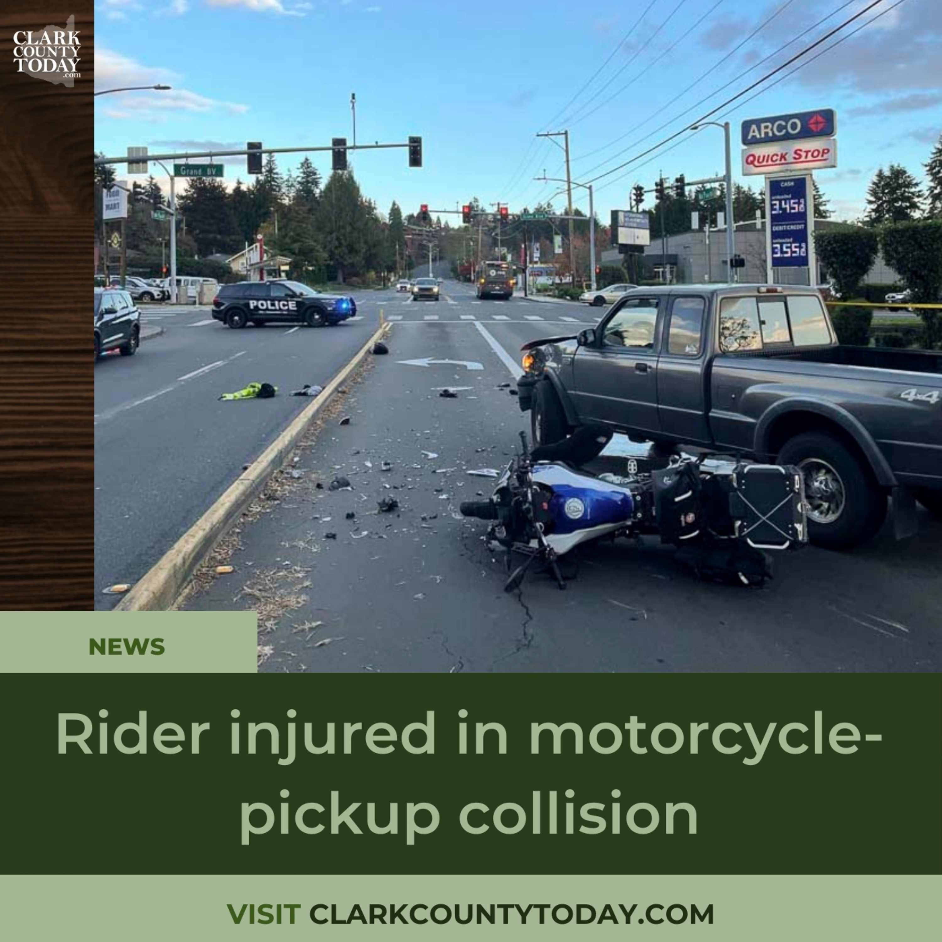 Rider injured in motorcycle-pickup collision