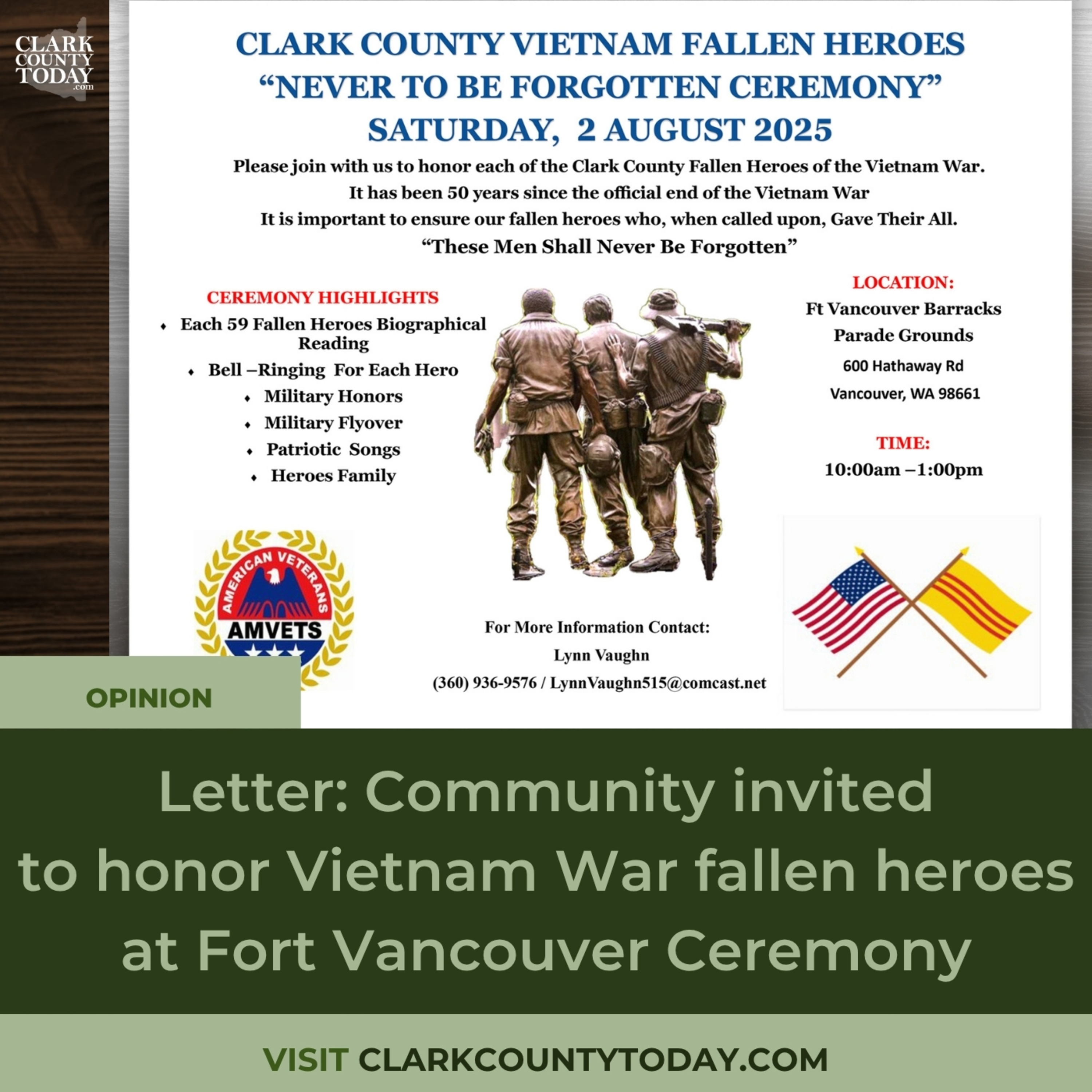 Letter: Community invited to honor Vietnam War fallen heroes at Fort Vancouver Ceremony