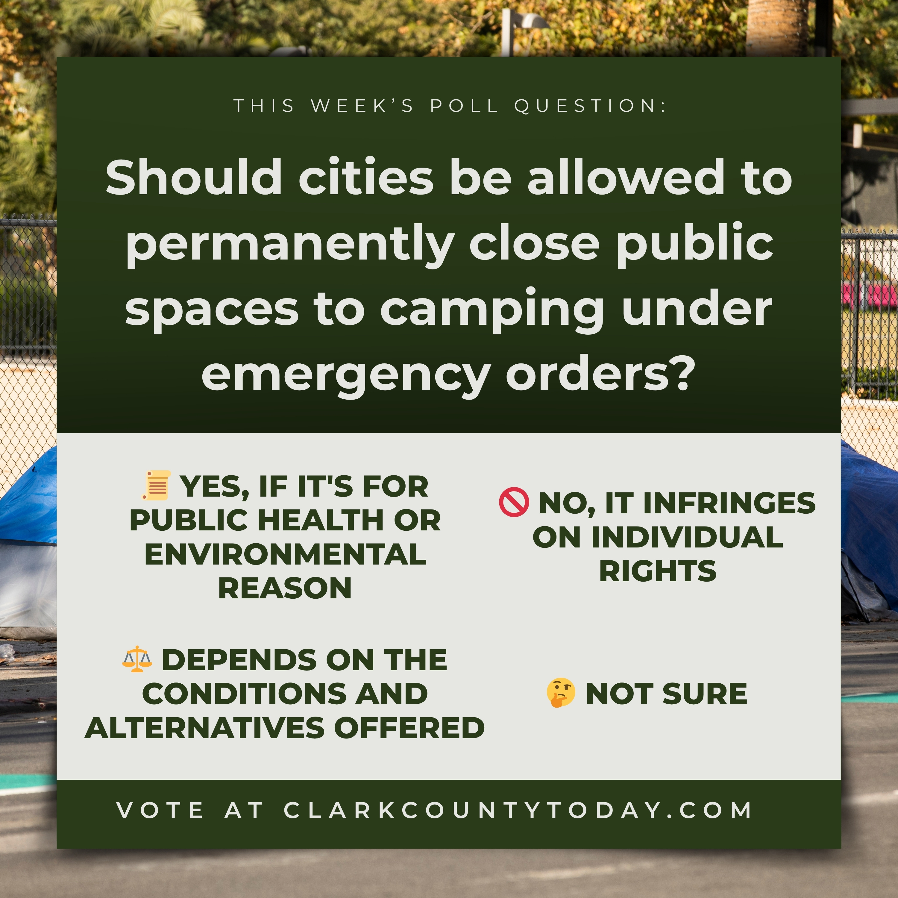 POLL: Should cities be allowed to permanently close public spaces to camping under emergency orders?