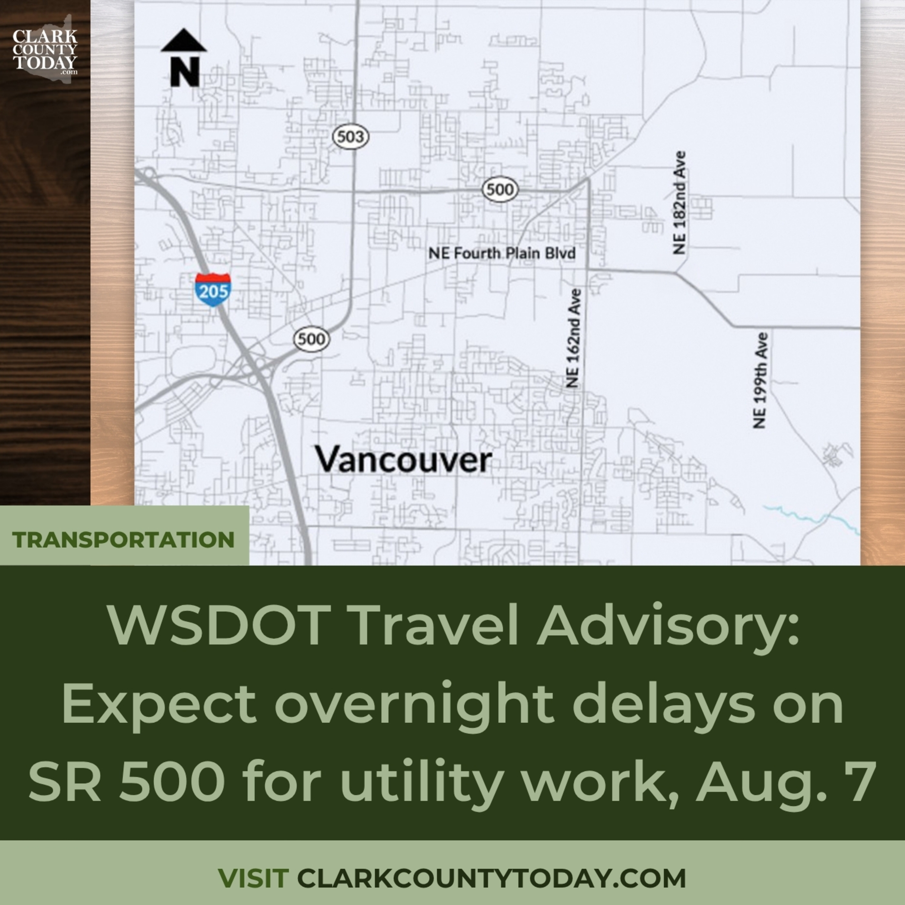 WSDOT Travel Advisory: Expect overnight delays on SR 500 for utility work, Aug. 7