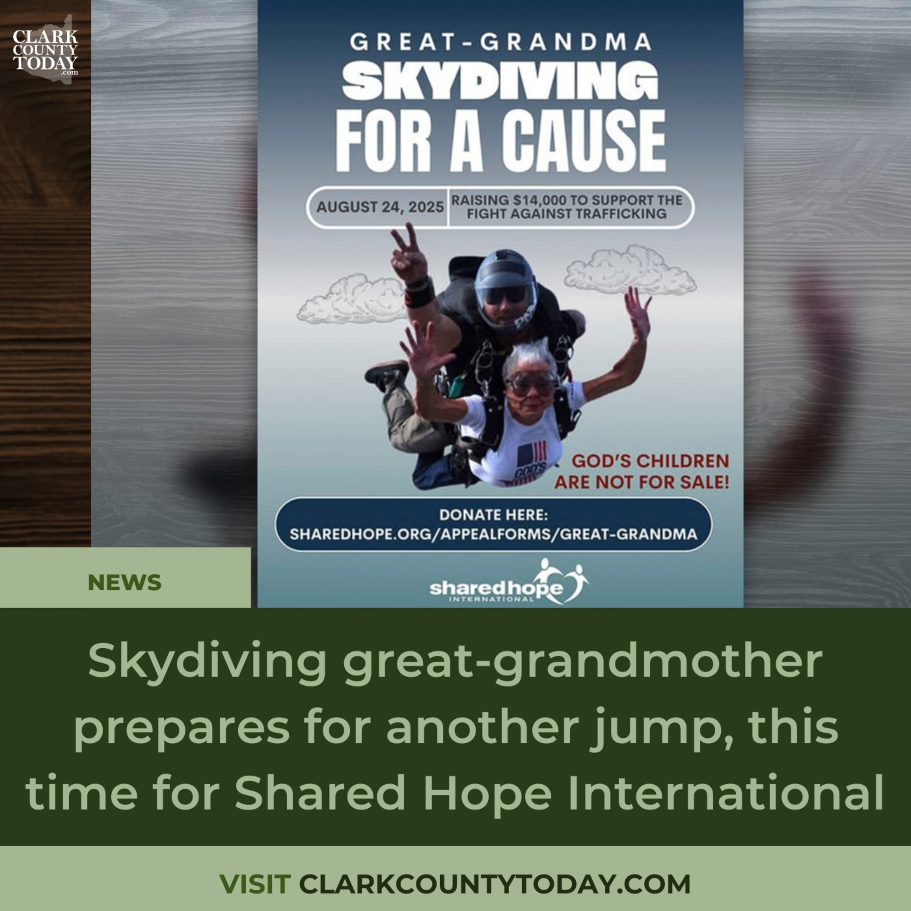 Skydiving great-grandmother prepares for another jump, this time for Shared Hope International