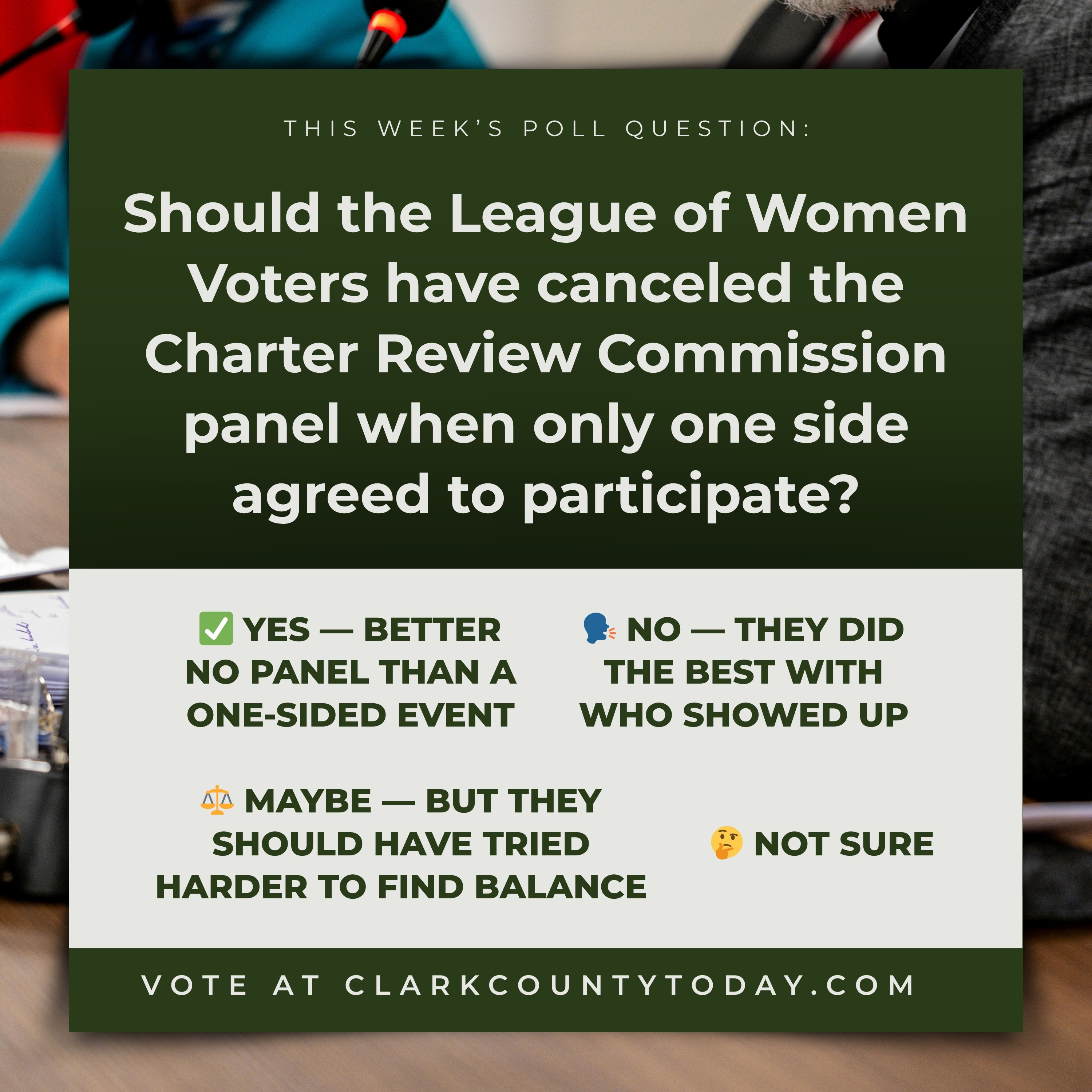 POLL: Should the League of Women Voters have canceled the Charter Review Commission panel when only one side agreed to participate?